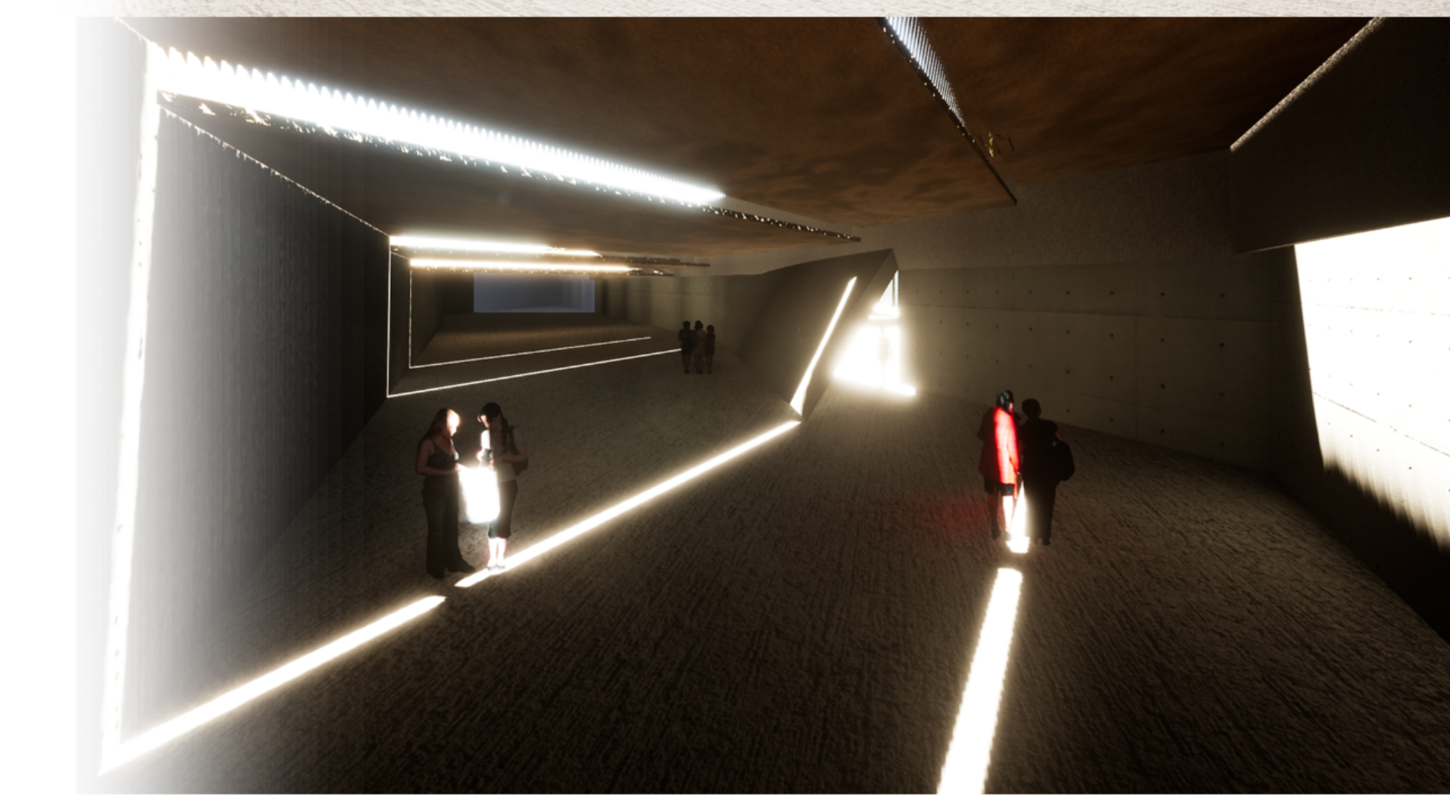 Subterranean corridor with sharp light cuts guiding a controlled, introspective journey