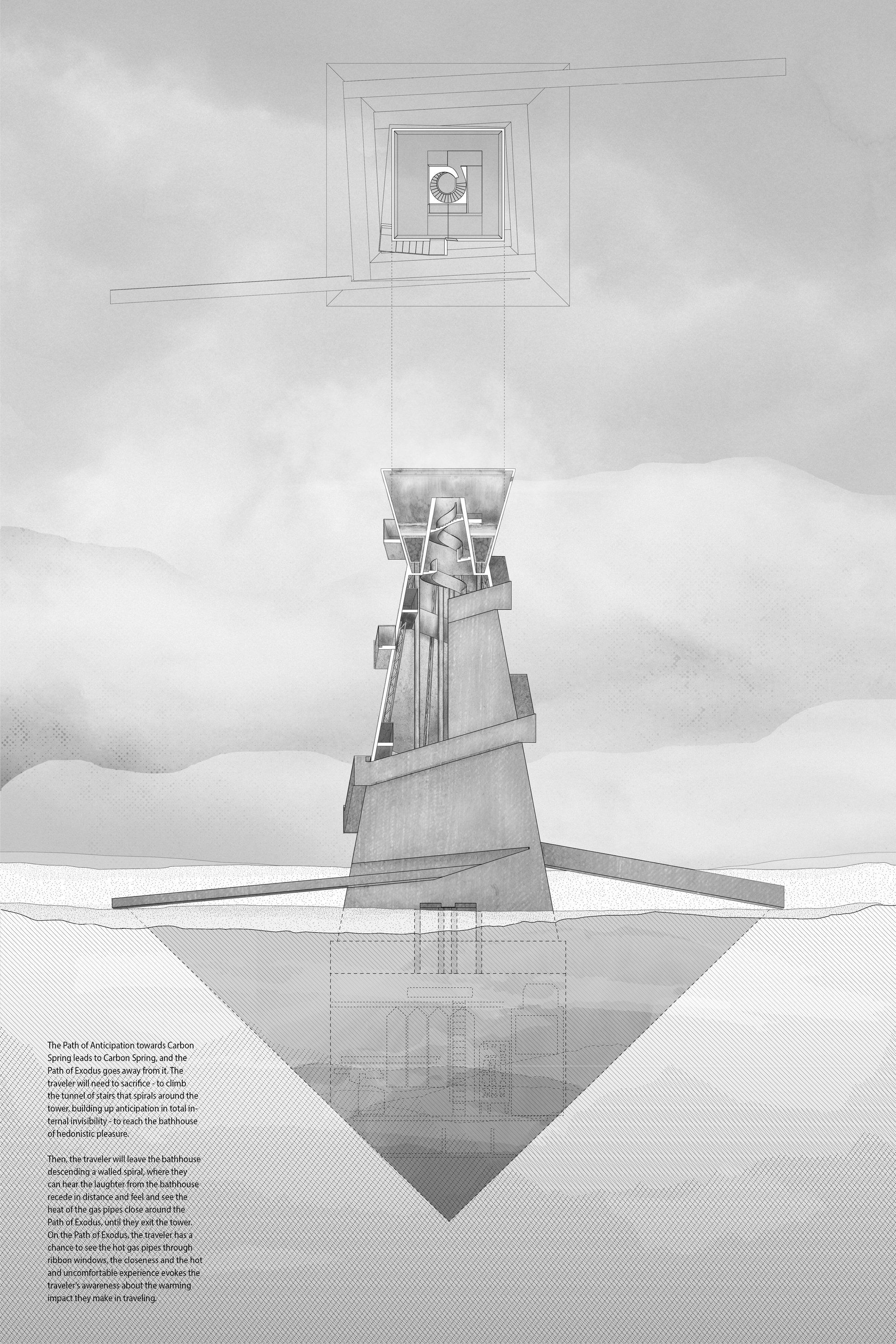 A system of heat, carbon, and ritual unfolds through a layered architectural sequence.