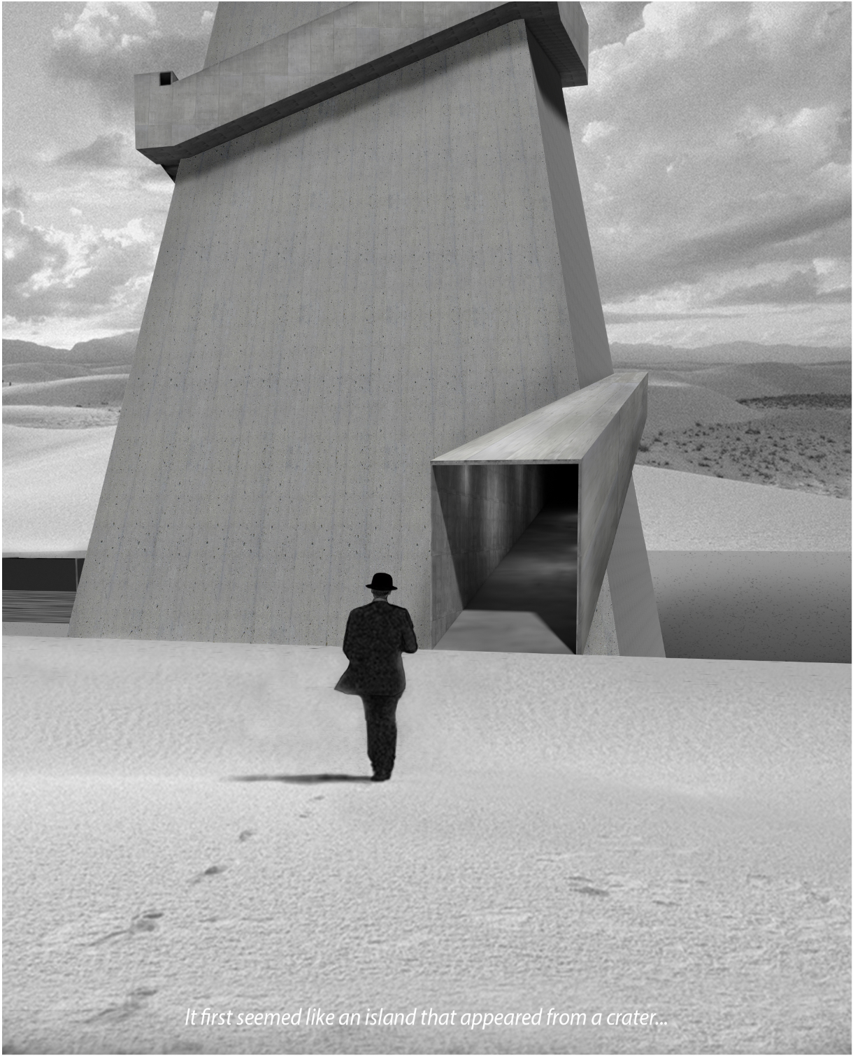 An isolated concrete tower emerges as a stark symbol of energy and consequence.