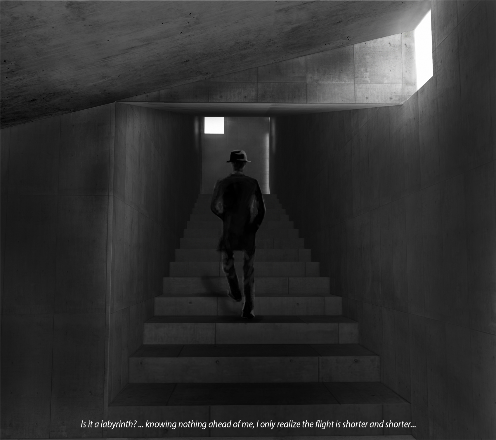 A confined ascent builds tension, guiding the visitor toward an unknown experience.