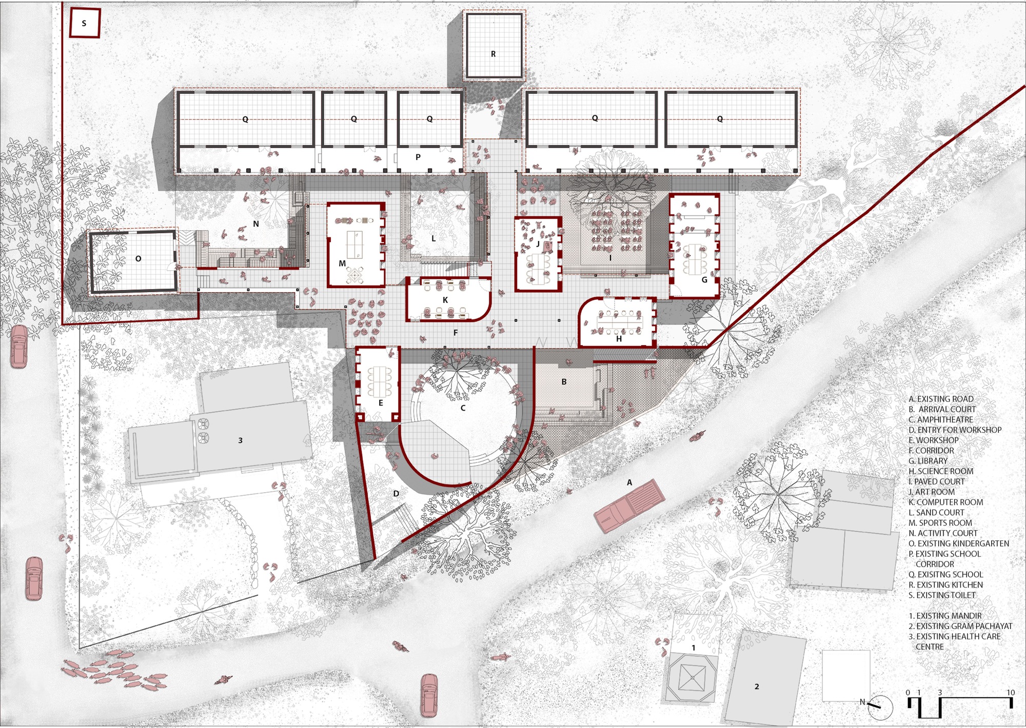 Site plan drawing showing campus buildings with red circulation paths winding through courtyards and scattered trees