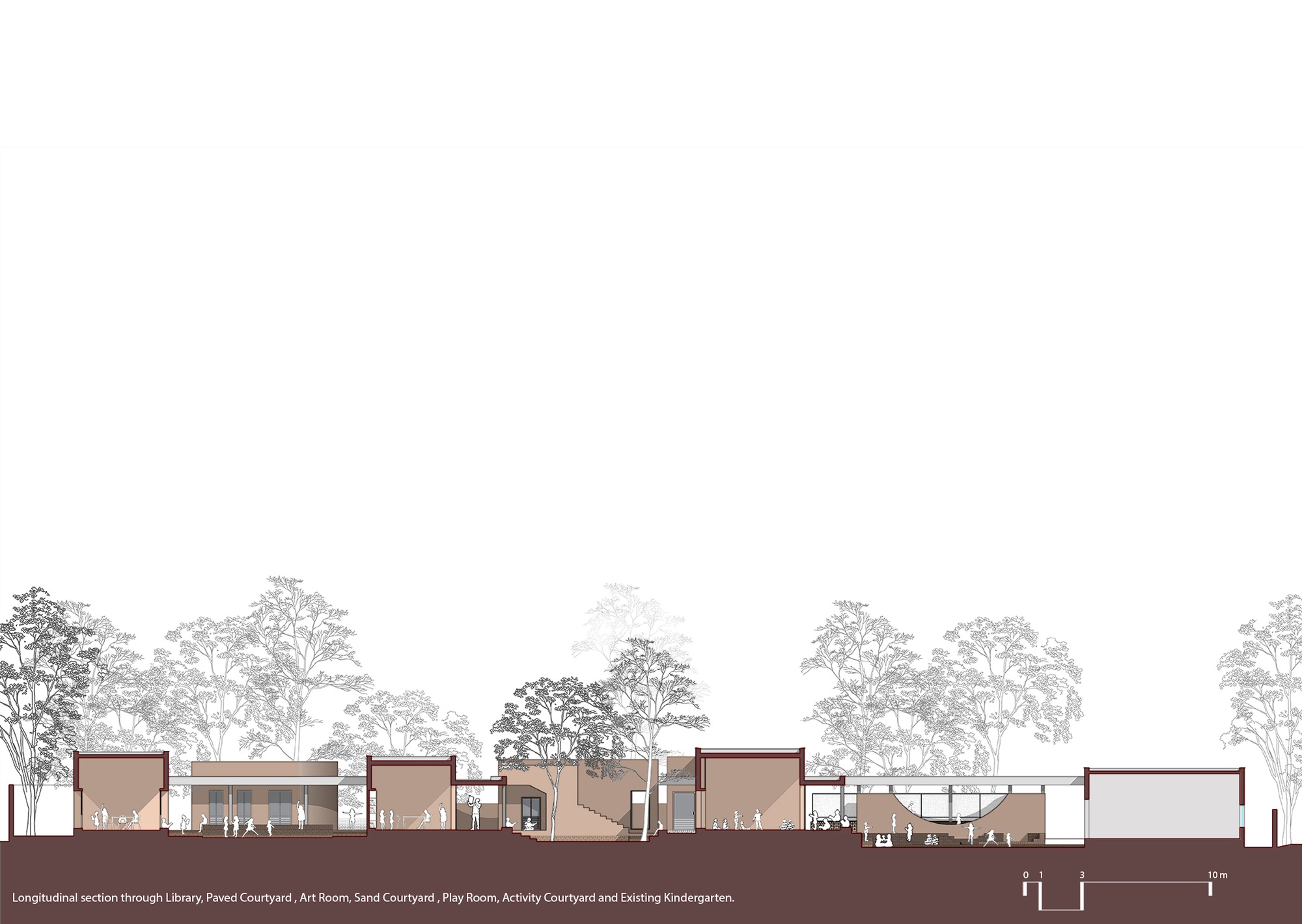 Longitudinal section drawing revealing interior spaces and courtyards between connected pavilions with trees behind