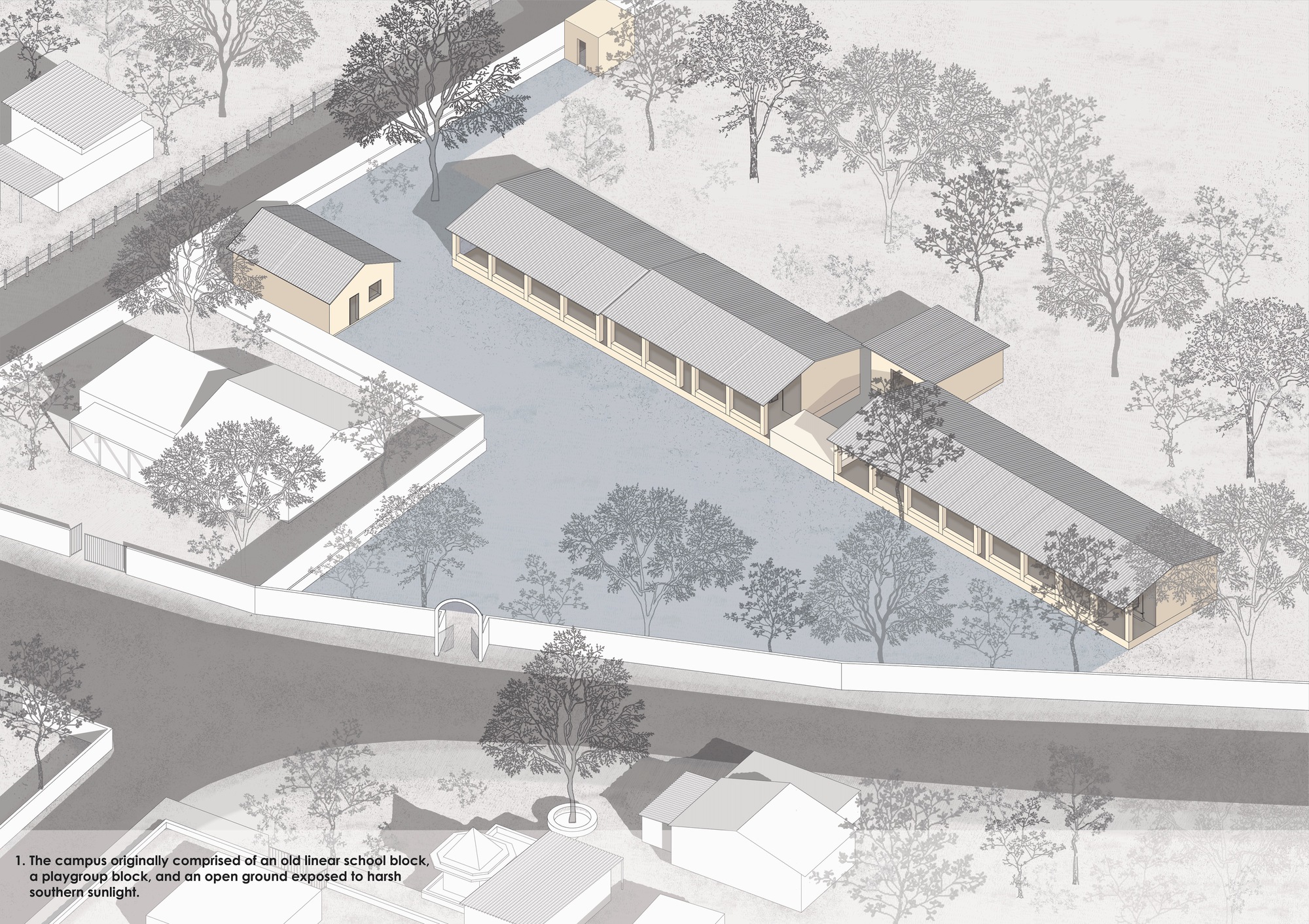 Axonometric drawing showing linear school building with corrugated roof between tree-lined roads and adjacent structures