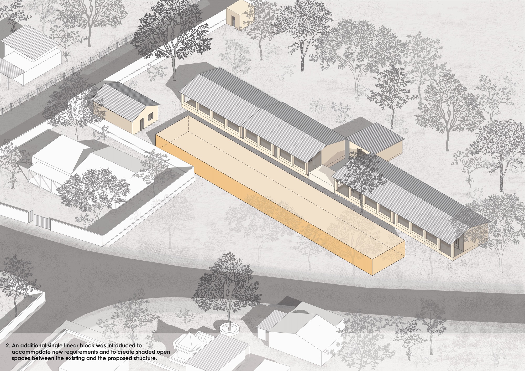 Axonometric drawing with orange highlighted linear volume inserted between existing school wings and courtyard trees