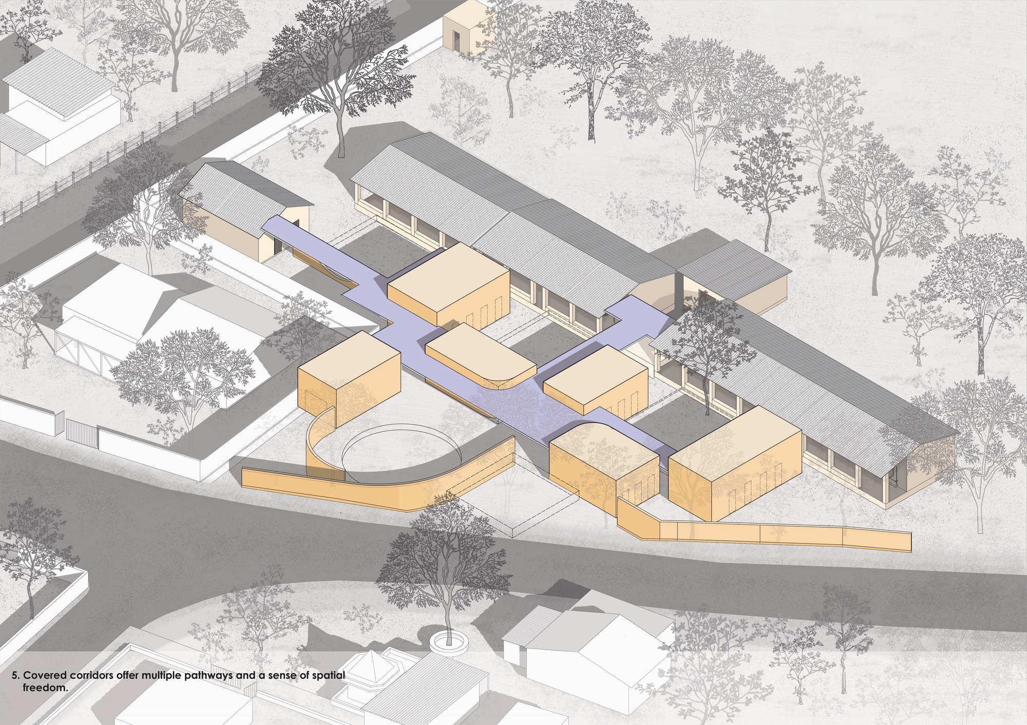 Axonometric drawing highlighting covered circulation corridors in blue connecting classroom blocks and outdoor spaces