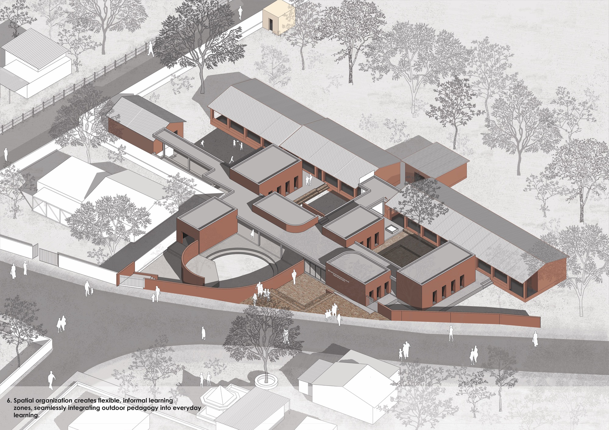 Axonometric drawing depicting red brick volumes with courtyards and people walking along the street edge