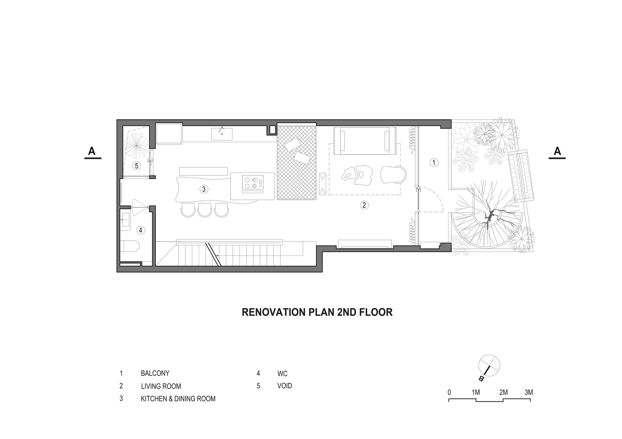 Second floor plan showing open living room with balcony and kitchen dining area