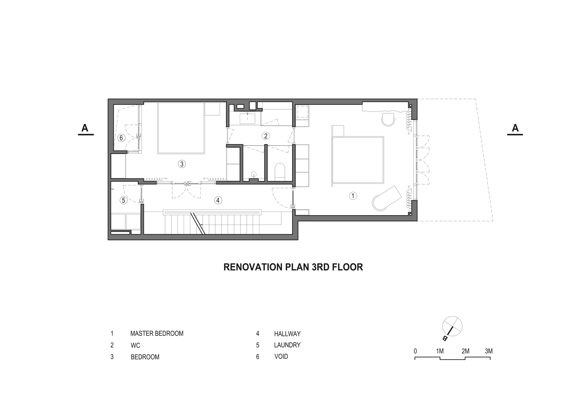 Third floor plan showing master bedroom suite with hallway and laundry room