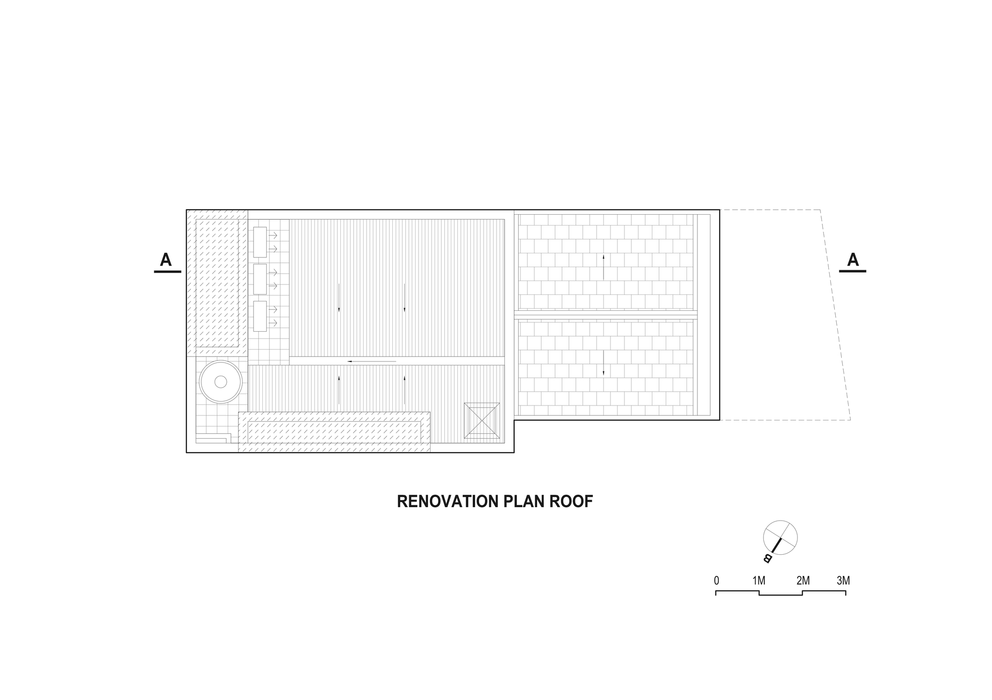 Roof plan showing terrace with linear wood decking and tiled pitched roof area