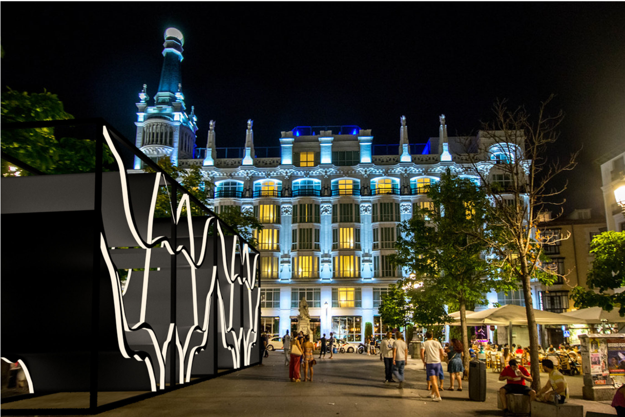 Illuminated modular structures activate the city at night, creating immersive spaces for art, gathering, and performance.