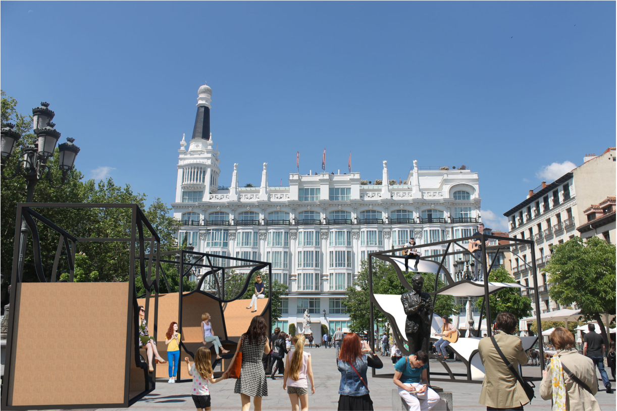 Flexible urban installations encourage community interaction, blending architecture, theatre, and public space in Madrid.