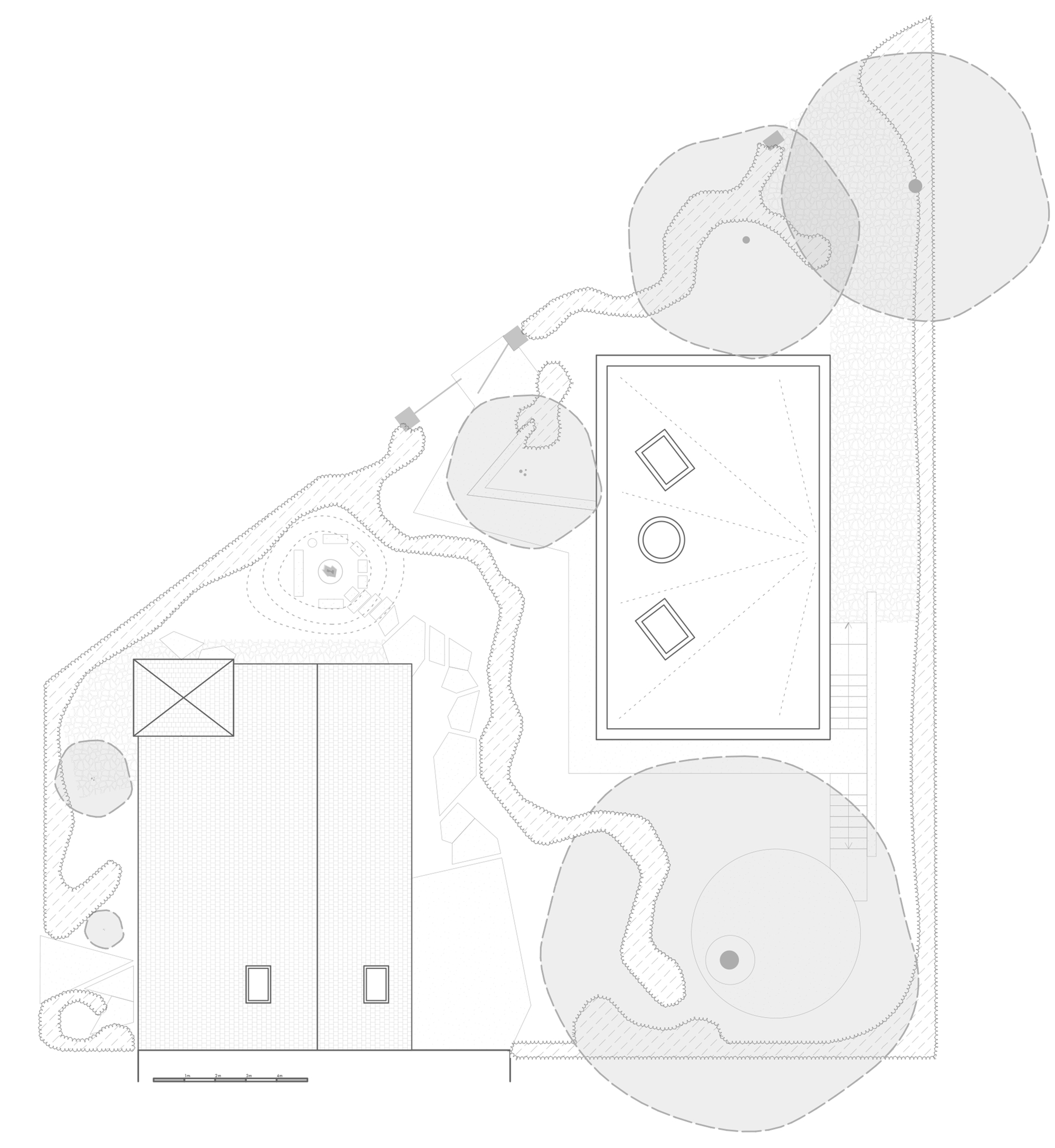Roof plan drawing showing two rectangular structures with pyramidal and flat roofs within a topographic landscape
