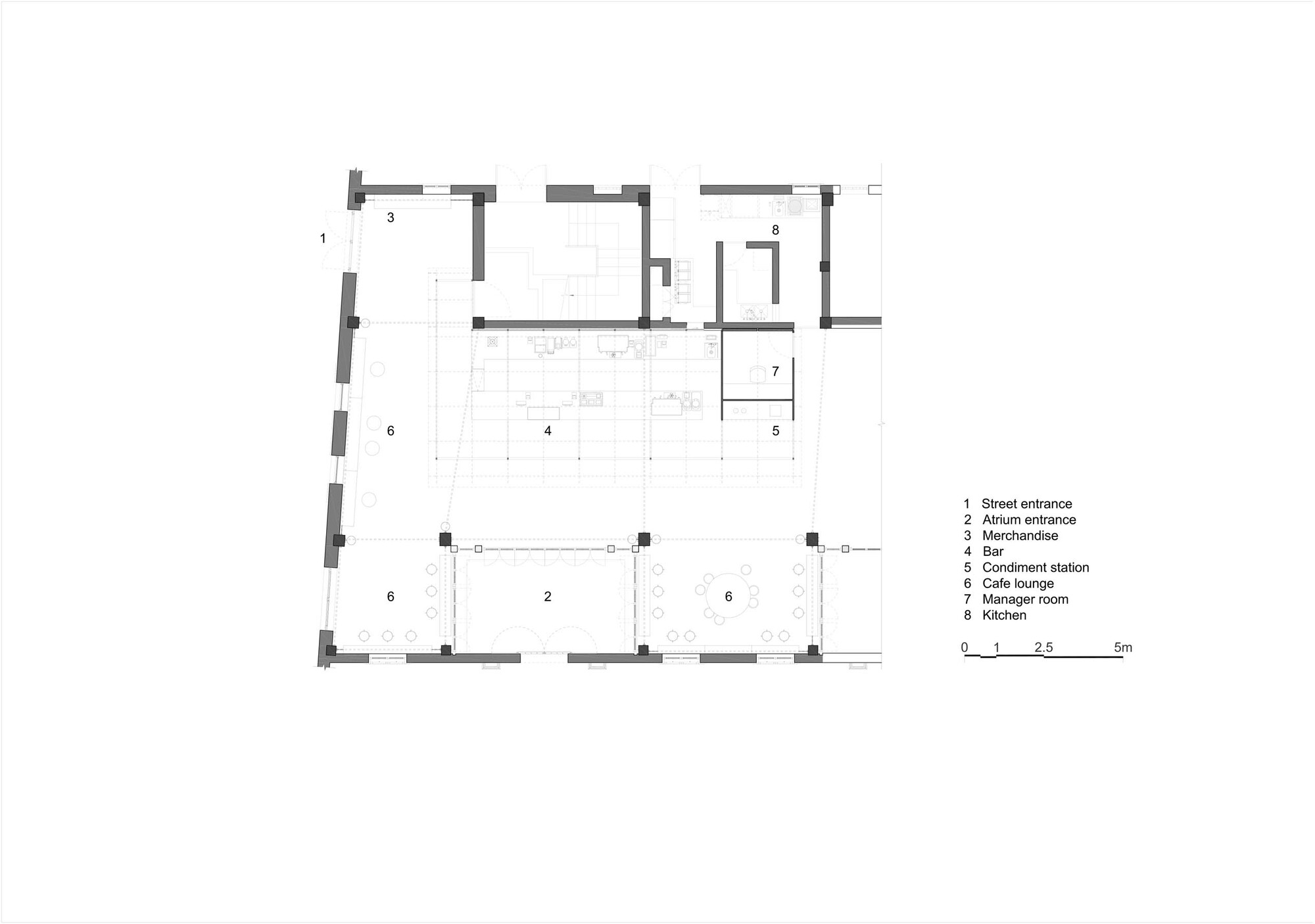Floor plan drawing indicating spatial layout with central bar and adjacent lounge areas