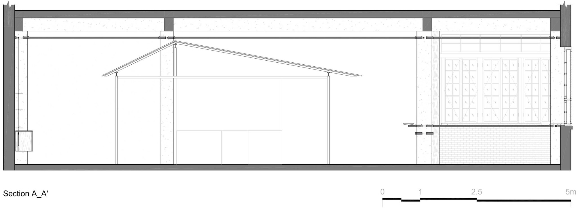 Section drawing showing the gabled volume adjacent to a two-story tiled service block