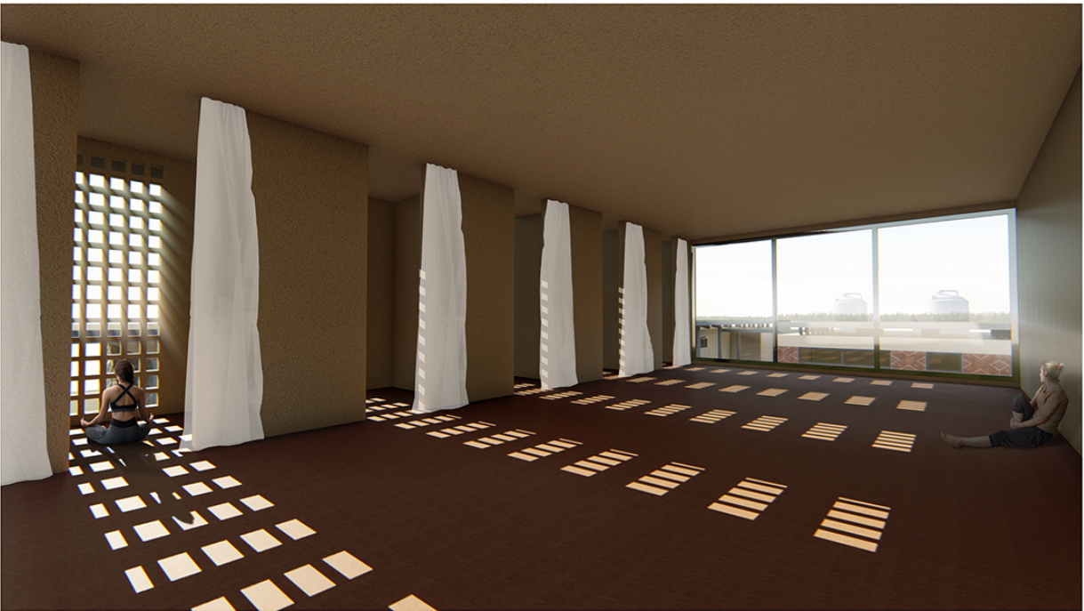 Interior wellness area defined by light, shadow, and rhythmic columns
