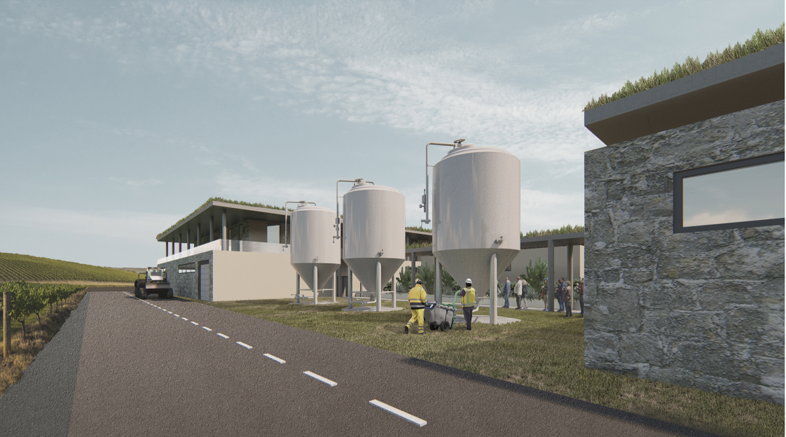 Industrial wine production zone juxtaposed with natural material palette