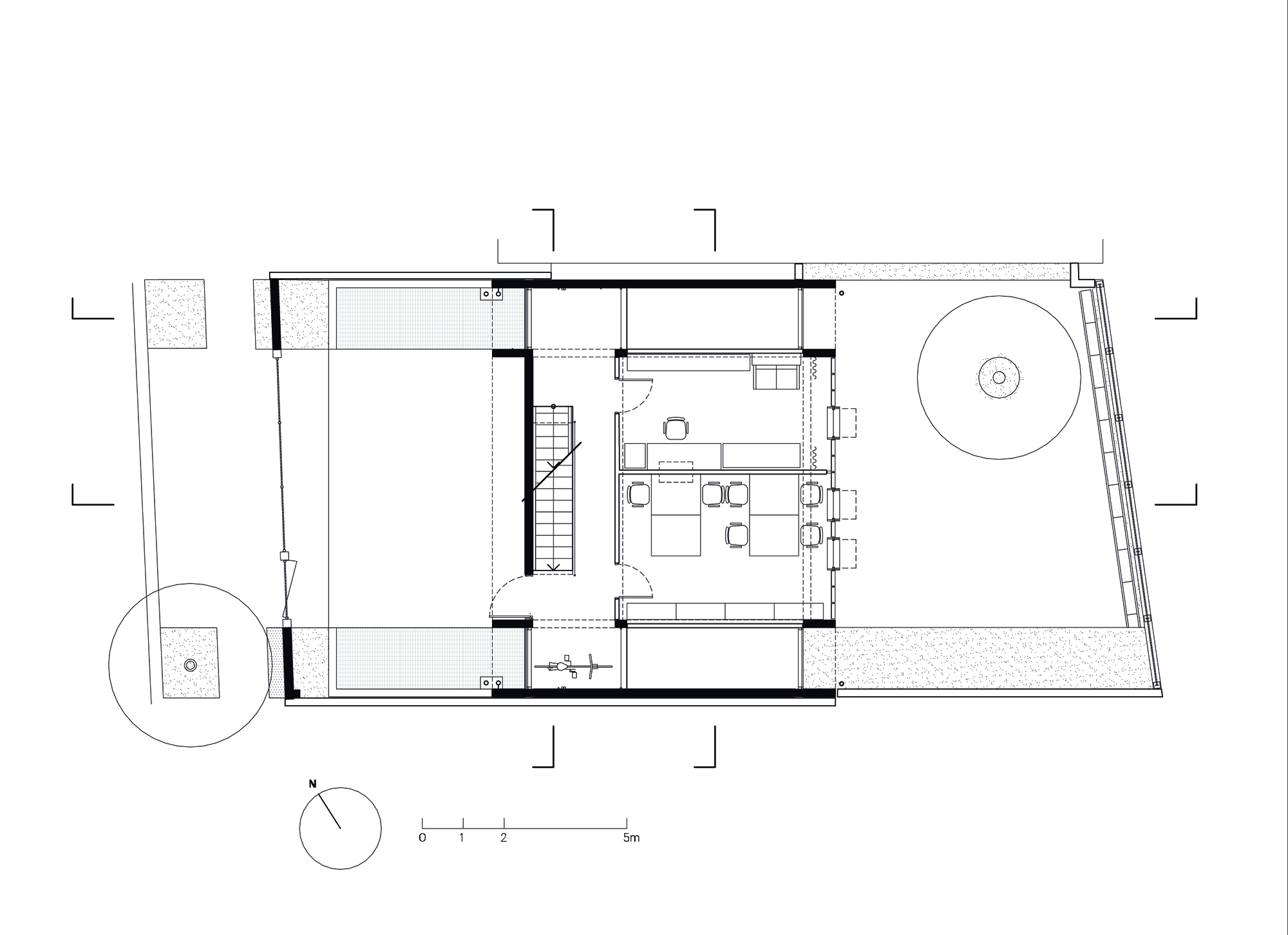 First floor plan showing open living and dining area with exterior terrace and circular pool
