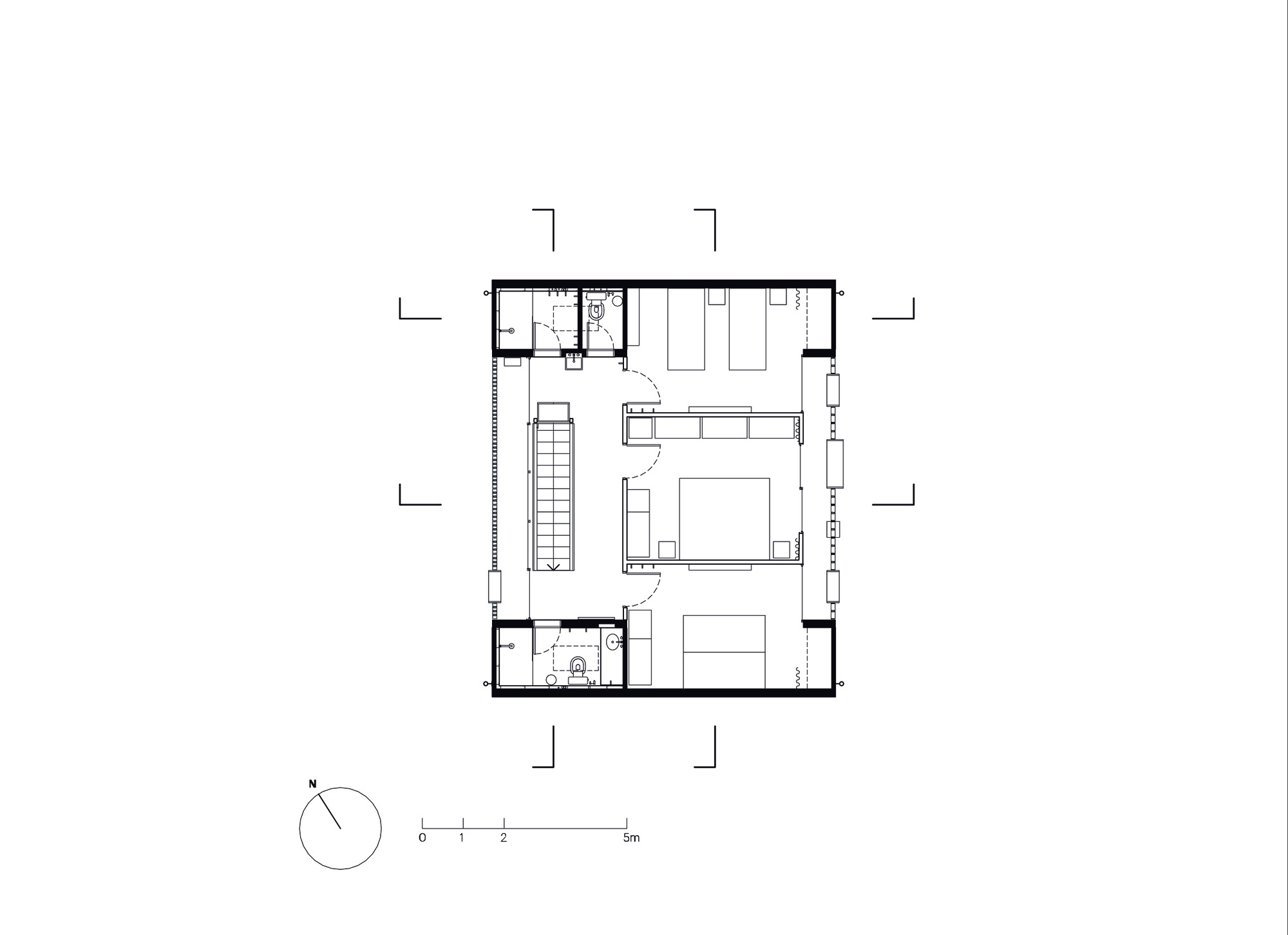 Second floor plan showing bedroom suite with double bed and twin bathrooms flanking central stair