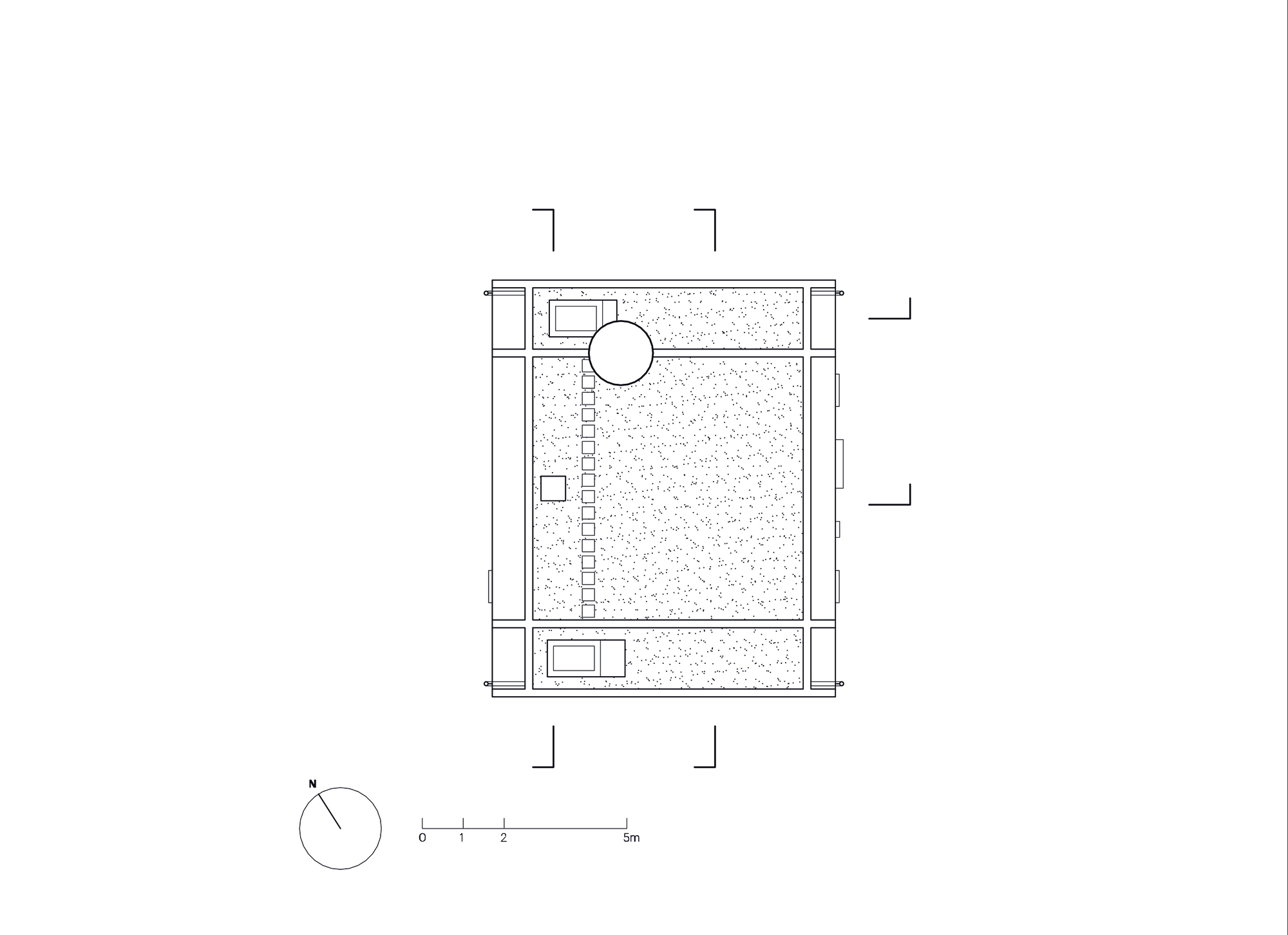 Roof plan showing central courtyard with circular element and textured surface treatment