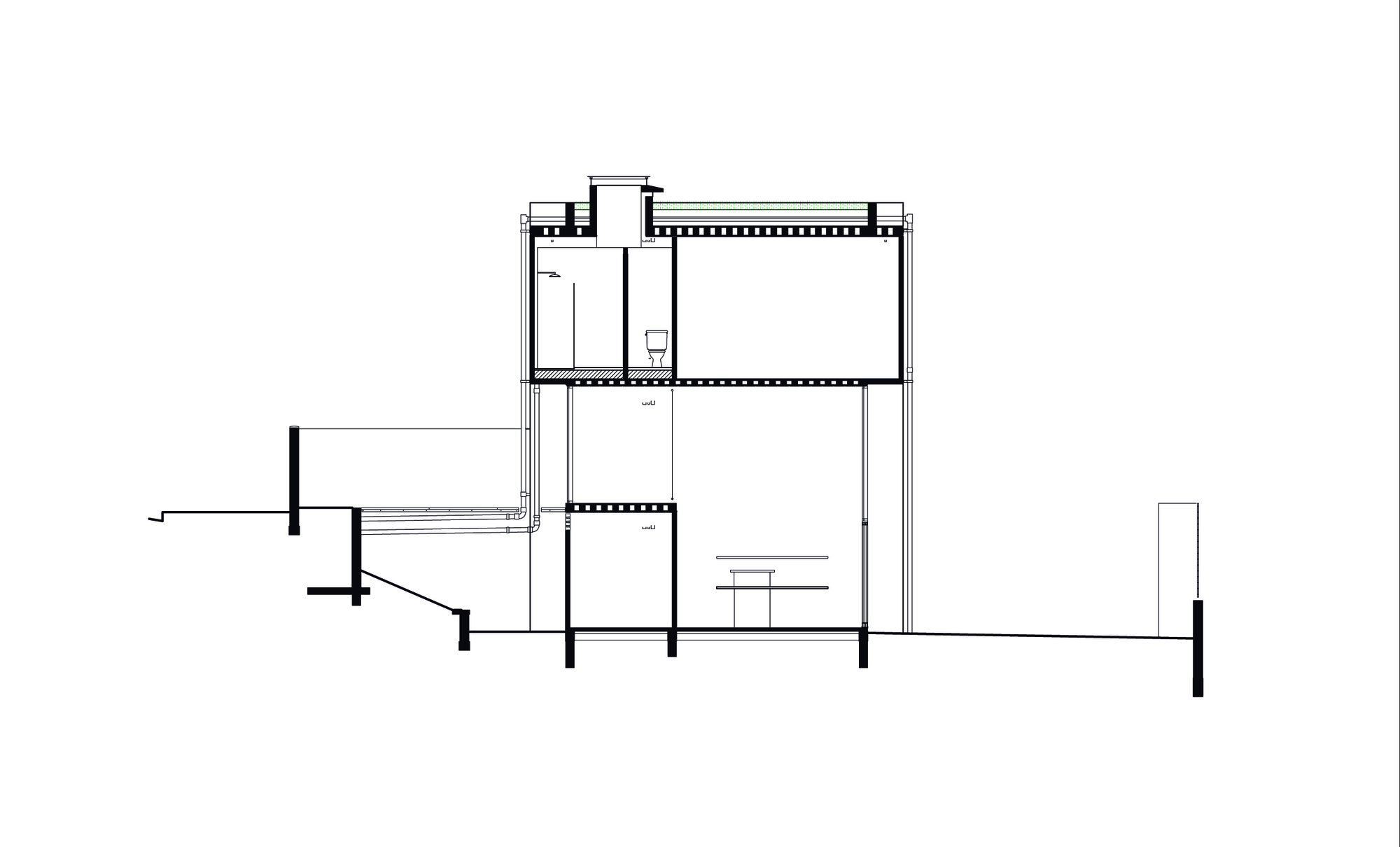 Section drawing showing three-story volume with stair connecting levels and exterior terrace element