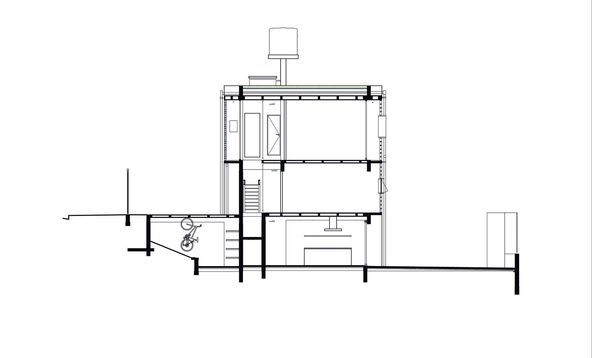 Section drawing showing living spaces across three levels with central stair and rooftop water tank