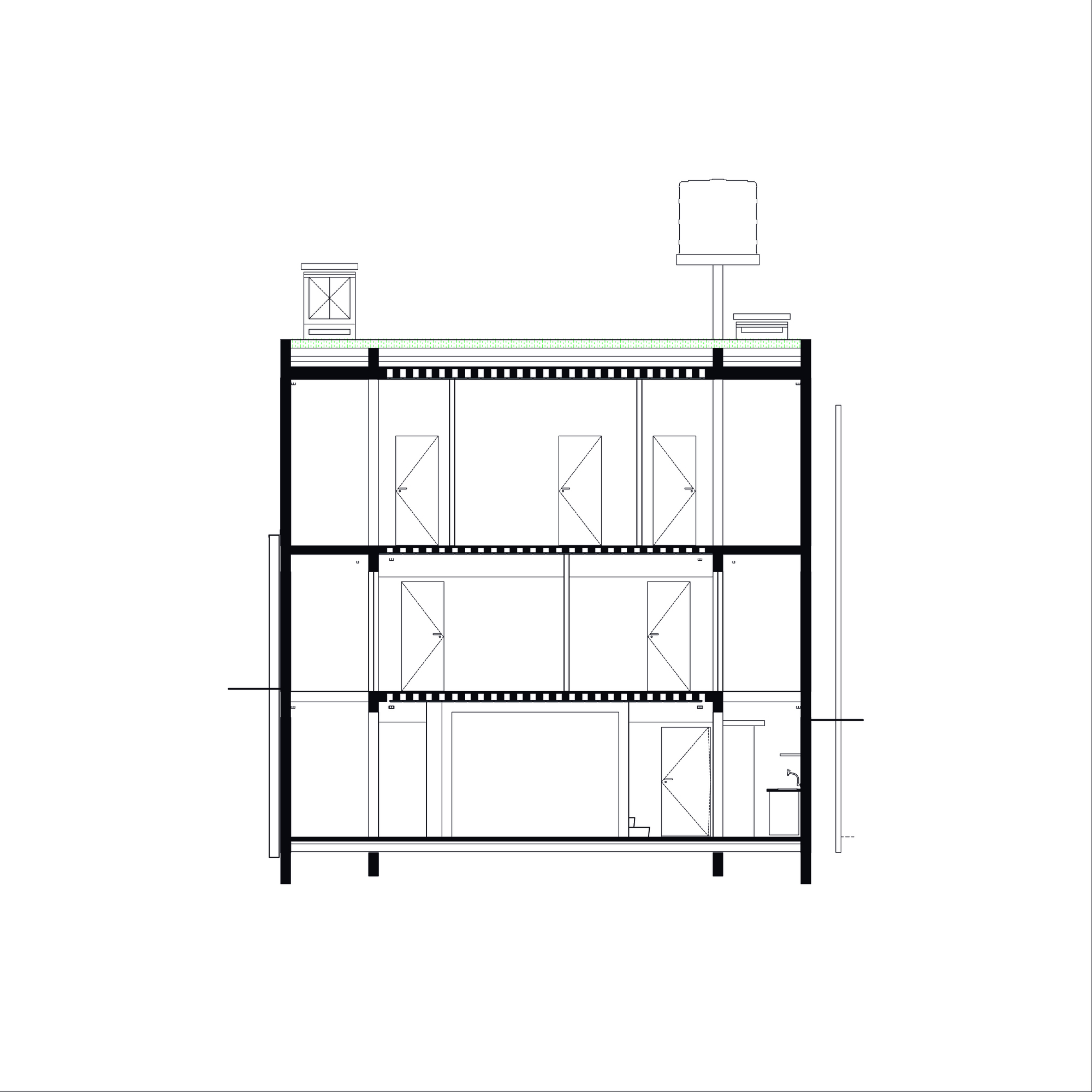 Section drawing showing four levels with timber floor joists and rooftop equipment