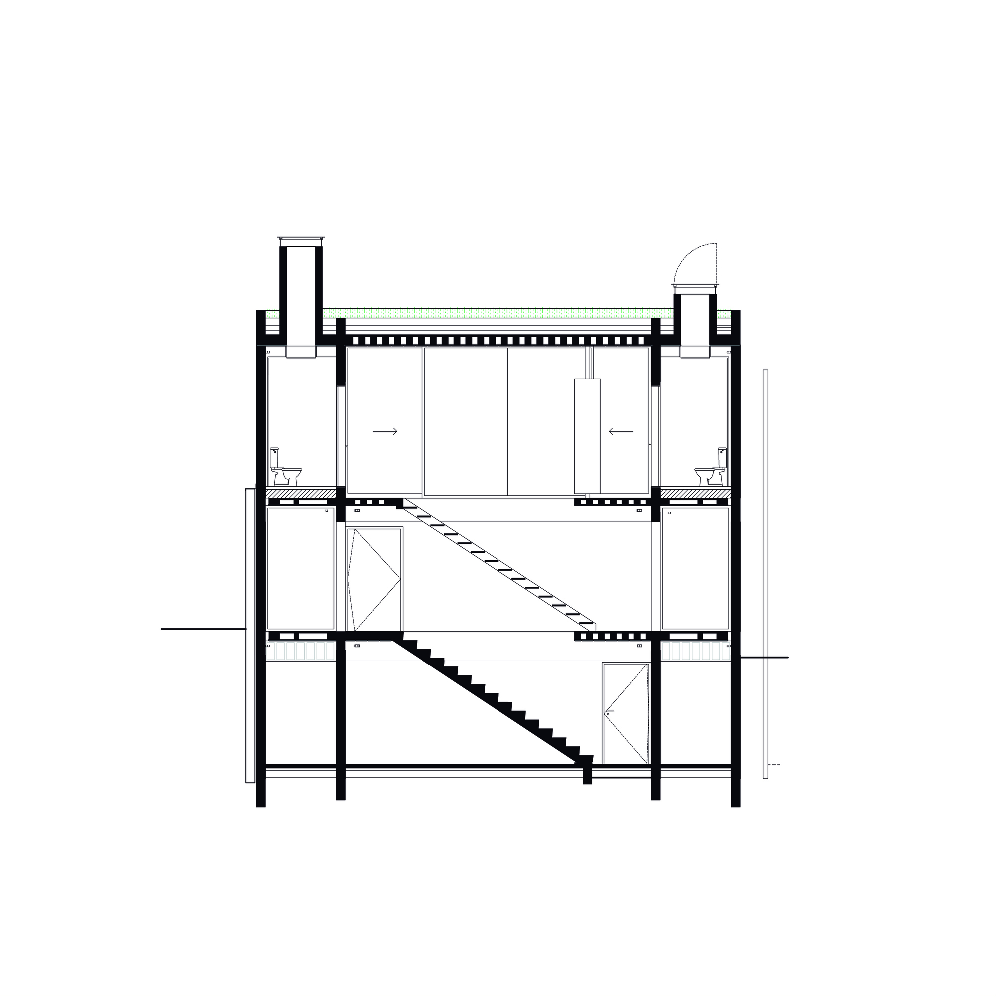 Section drawing revealing interior staircase cutting diagonally through three levels