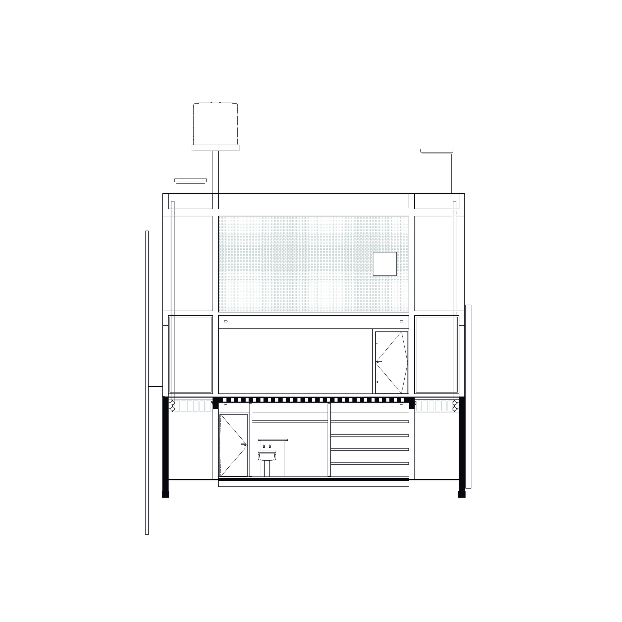 Section drawing through upper level courtyard with textured screen wall and rooftop water tank