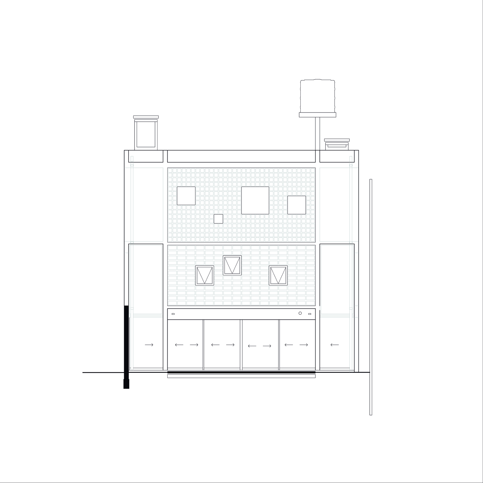 Elevation drawing of facade with textured upper levels and ground floor garage doors