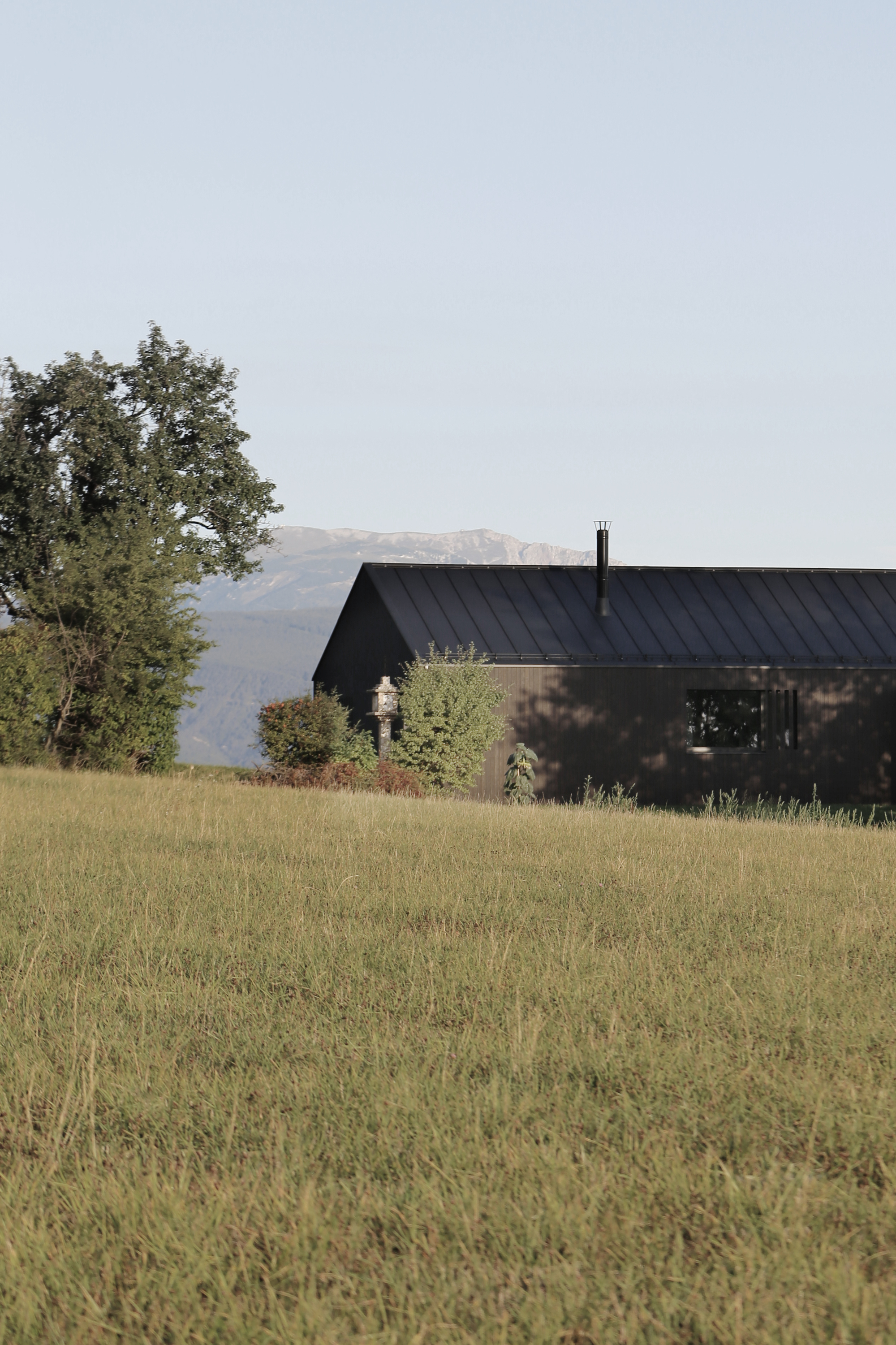 Distant view of the gable roof and black facade framed by trees with mountains in the background