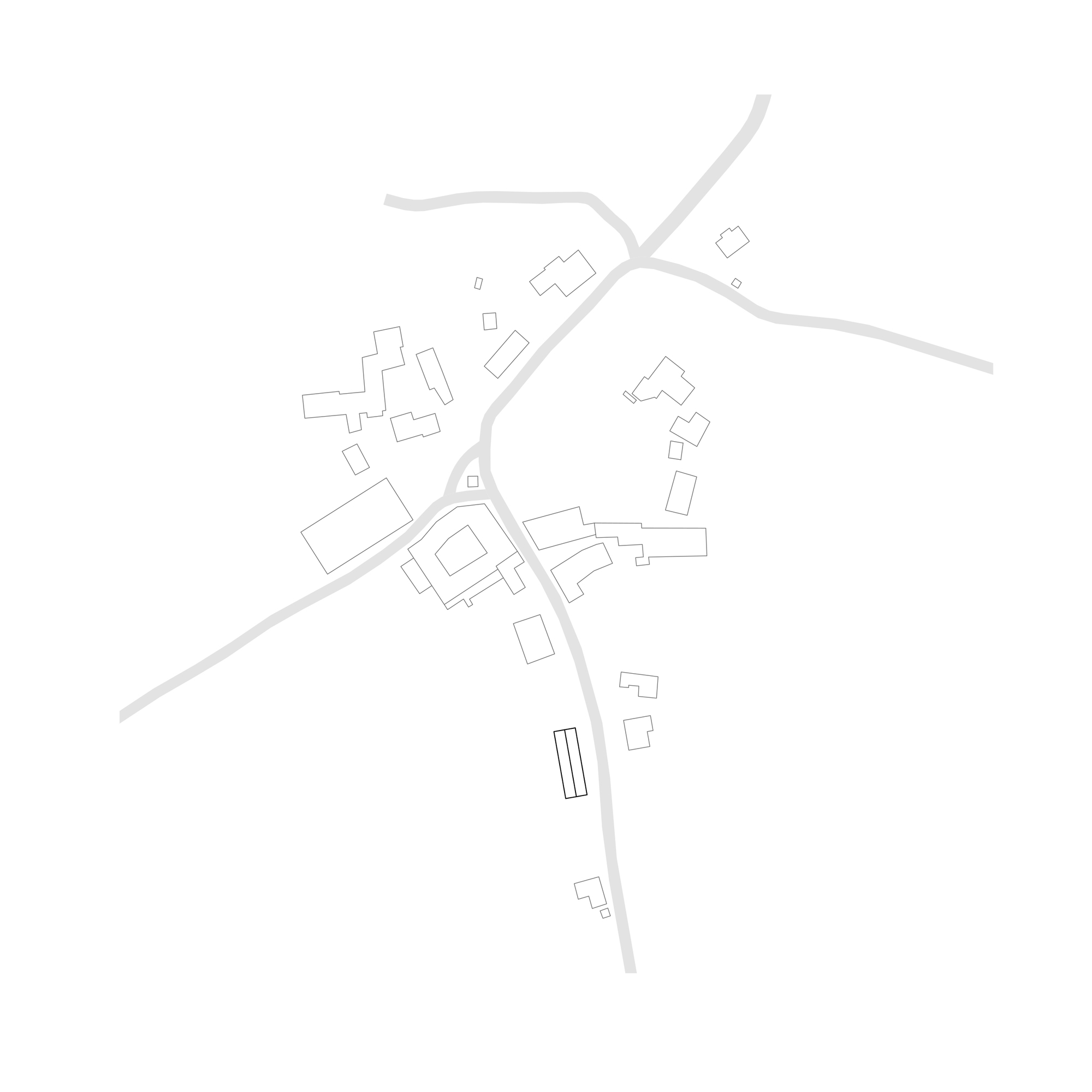 Site plan drawing showing scattered building footprints along curving pathways through a settlement