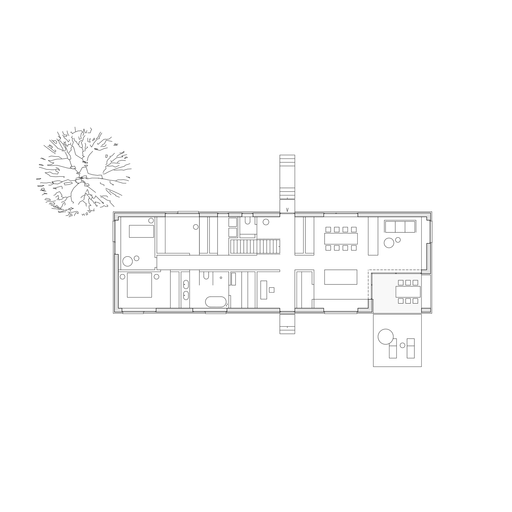 Floor plan drawing of a rectangular residence with central staircase and adjacent tree in plan view