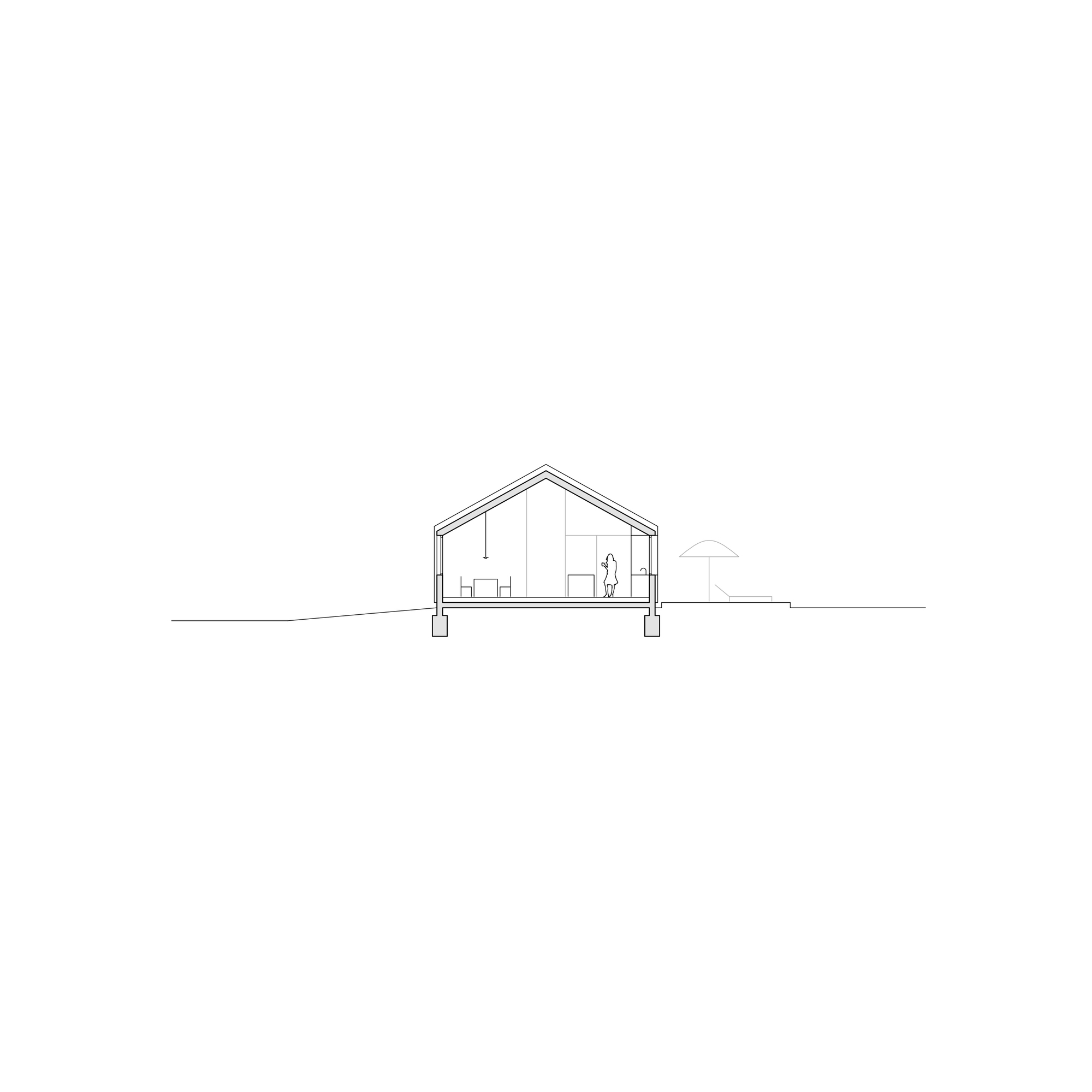 Section drawing through a gabled dwelling showing interior spaces and a figure standing beside a tree