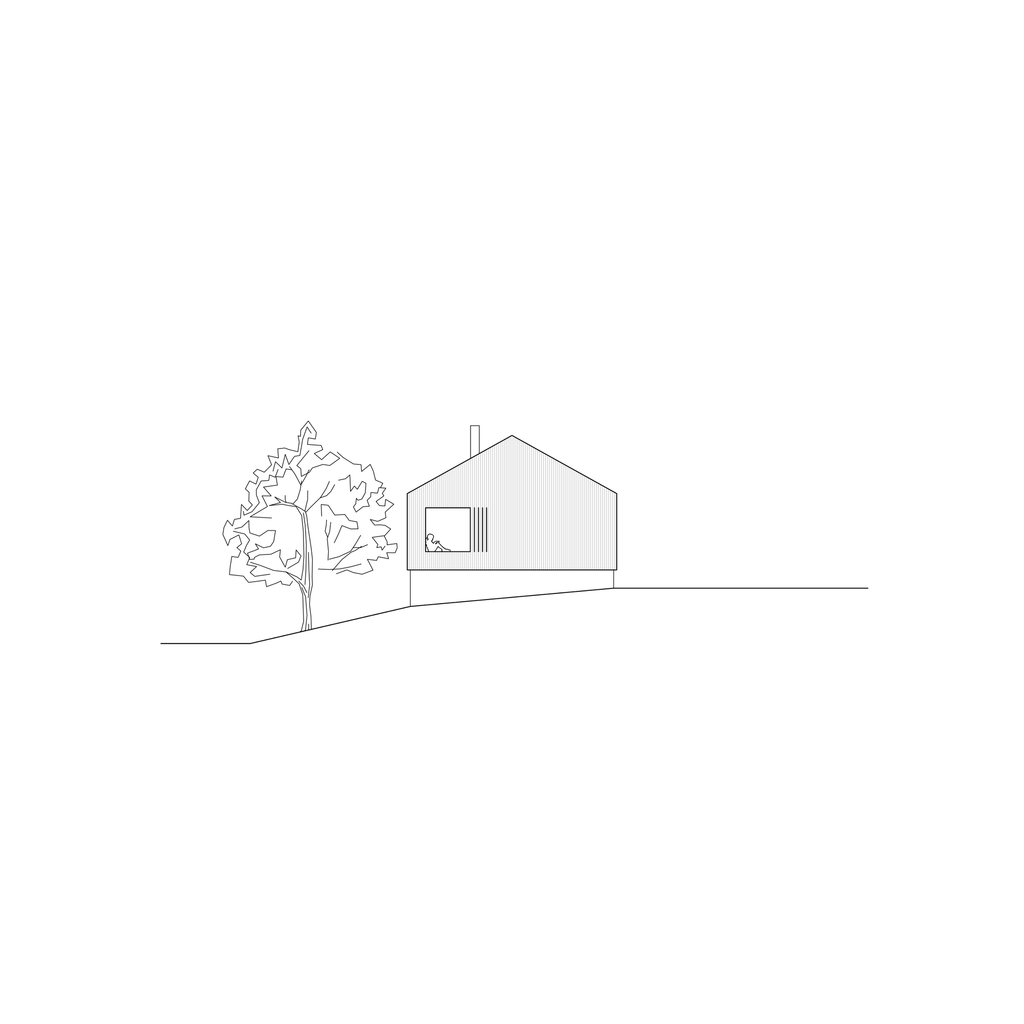 Elevation drawing of a gabled house with recessed window next to a leafy tree on sloping ground