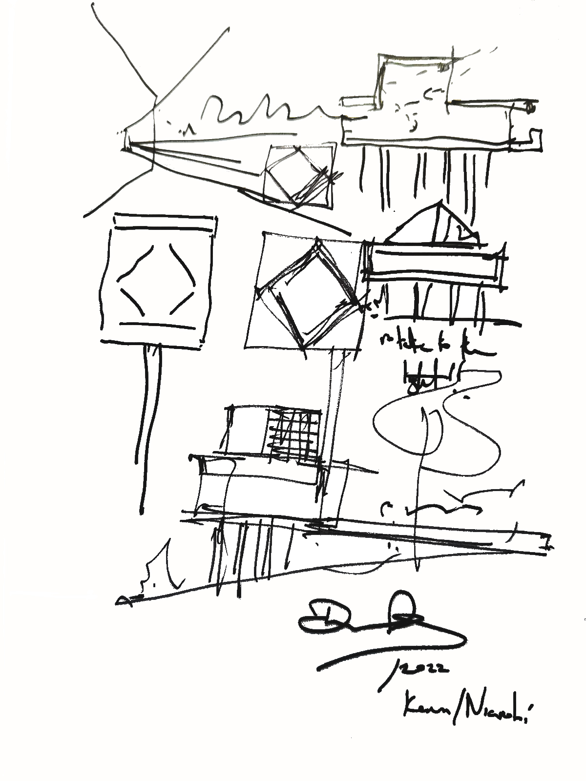 Sketch elevation showing stacked volumes with balconies and rotated elements connected by vertical circulation