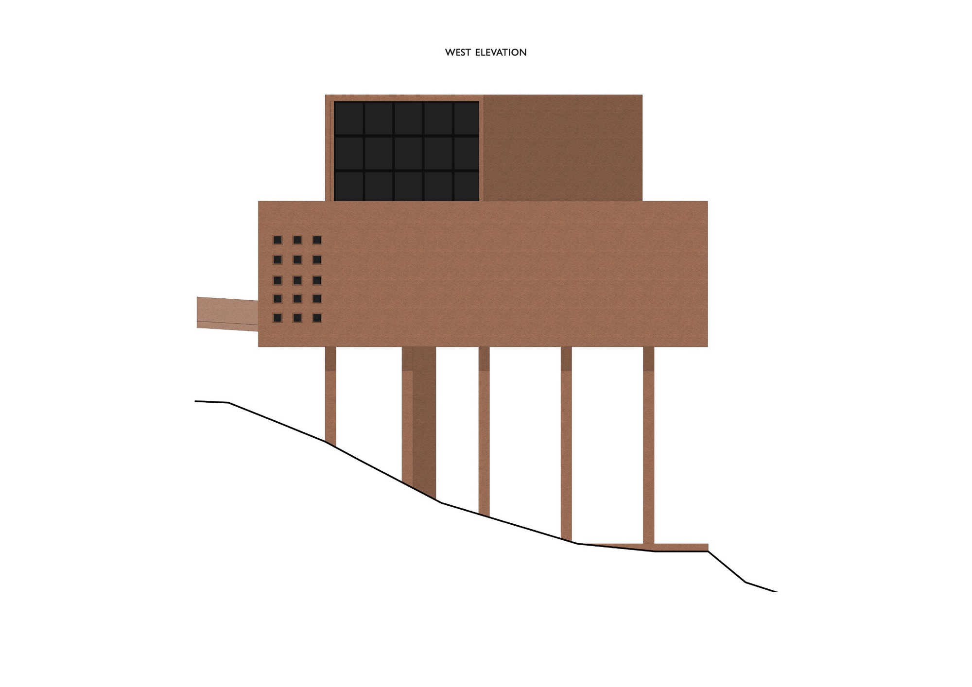 West elevation drawing depicting the structure on a sloped site with vertical window grid