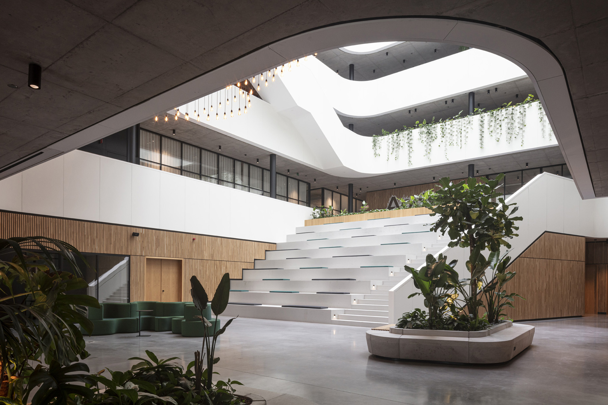 Multi-level atrium with curving white staircase, timber cladding and planters with tropical foliage below a skylight
