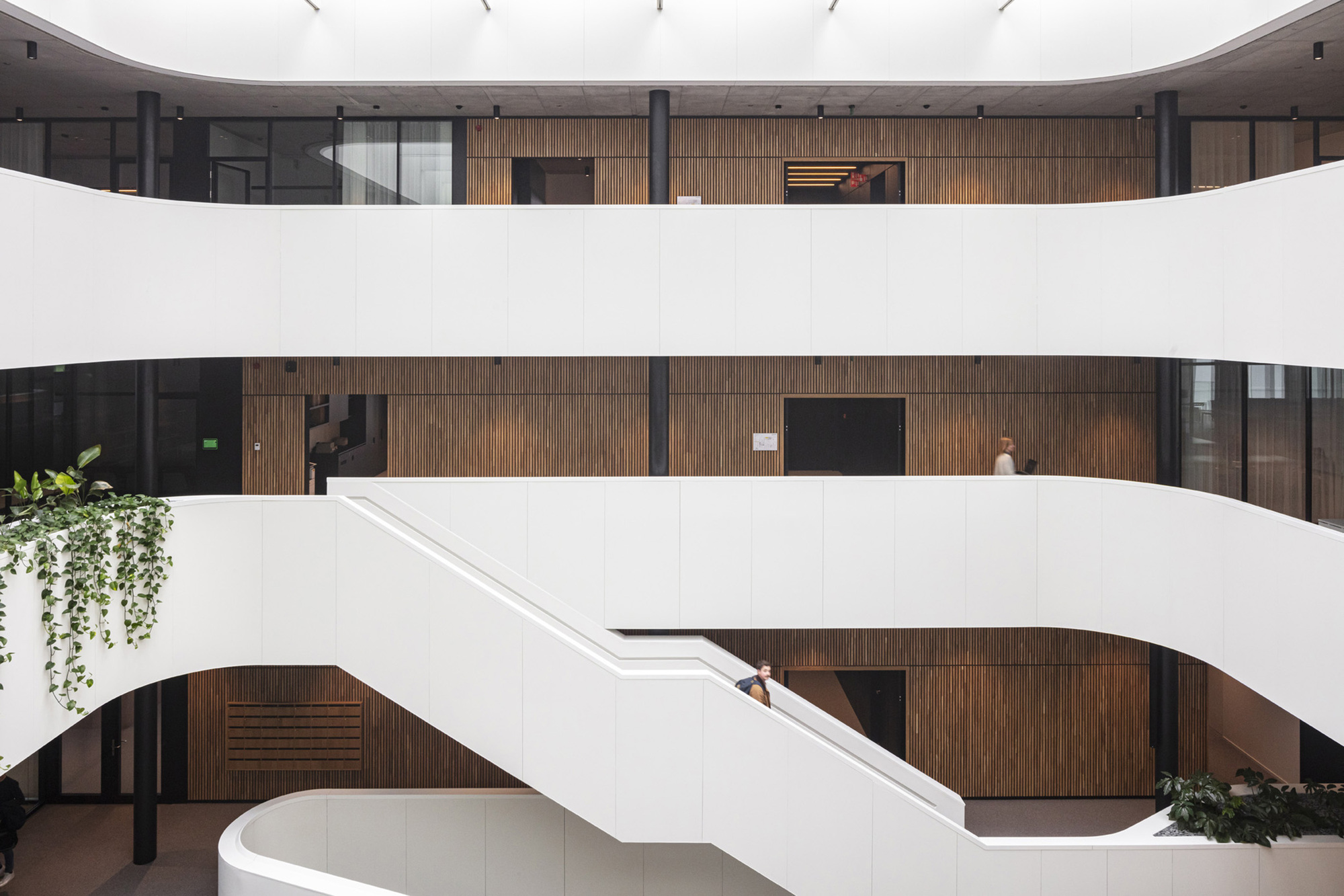 Curved white balconies overlooking timber-clad walls and a sculptural white staircase with trailing greenery