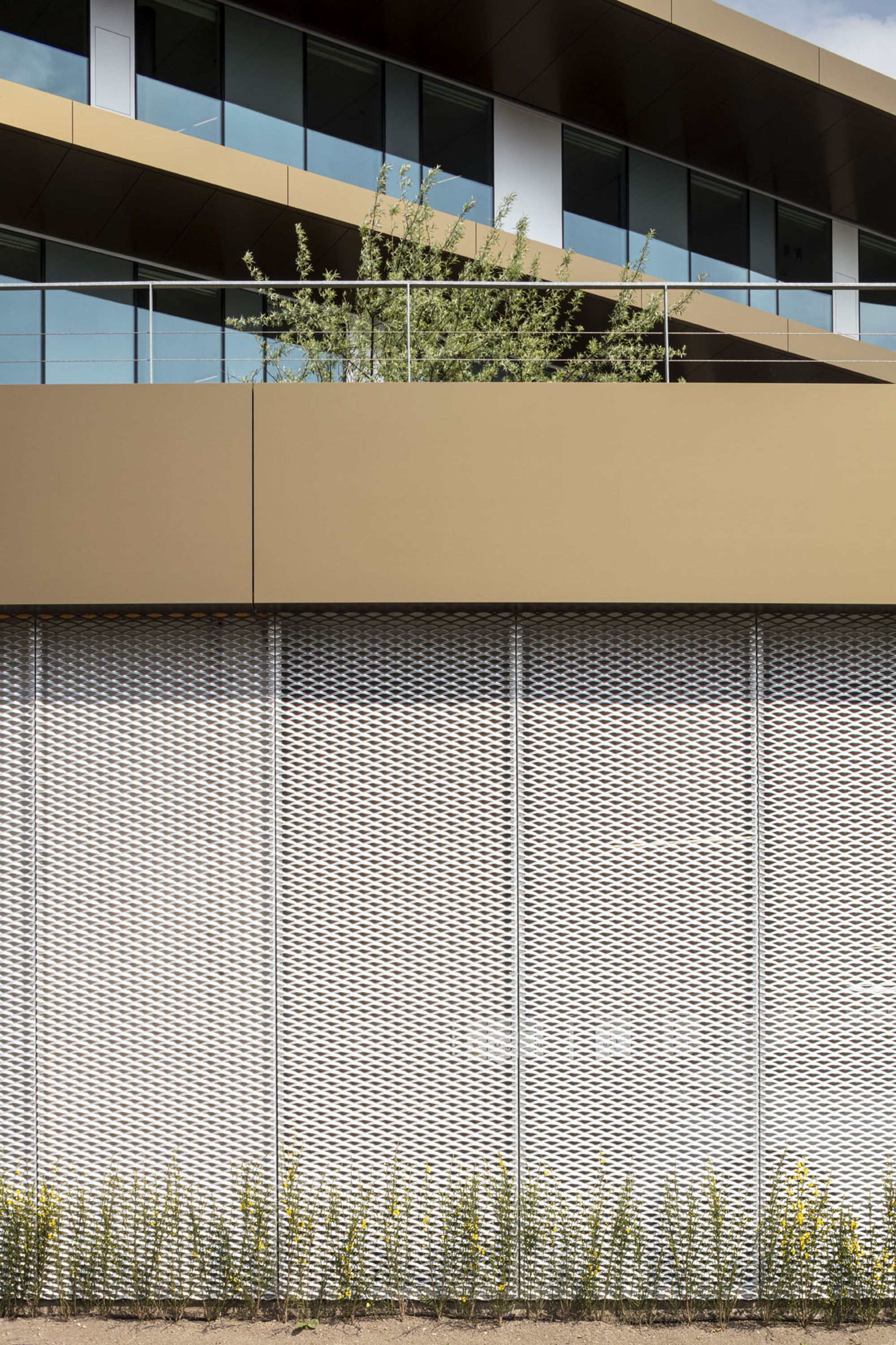 Expanded metal mesh screen below a tan parapet with planted trees visible above