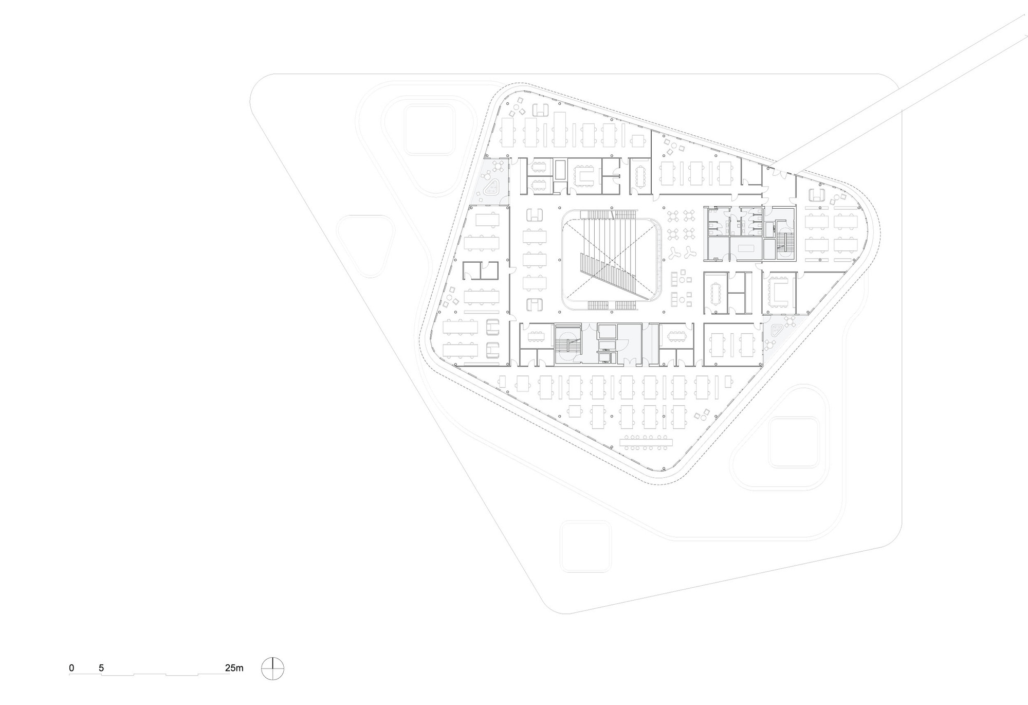 Floor plan drawing showing triangular layout with office spaces and central circulation core