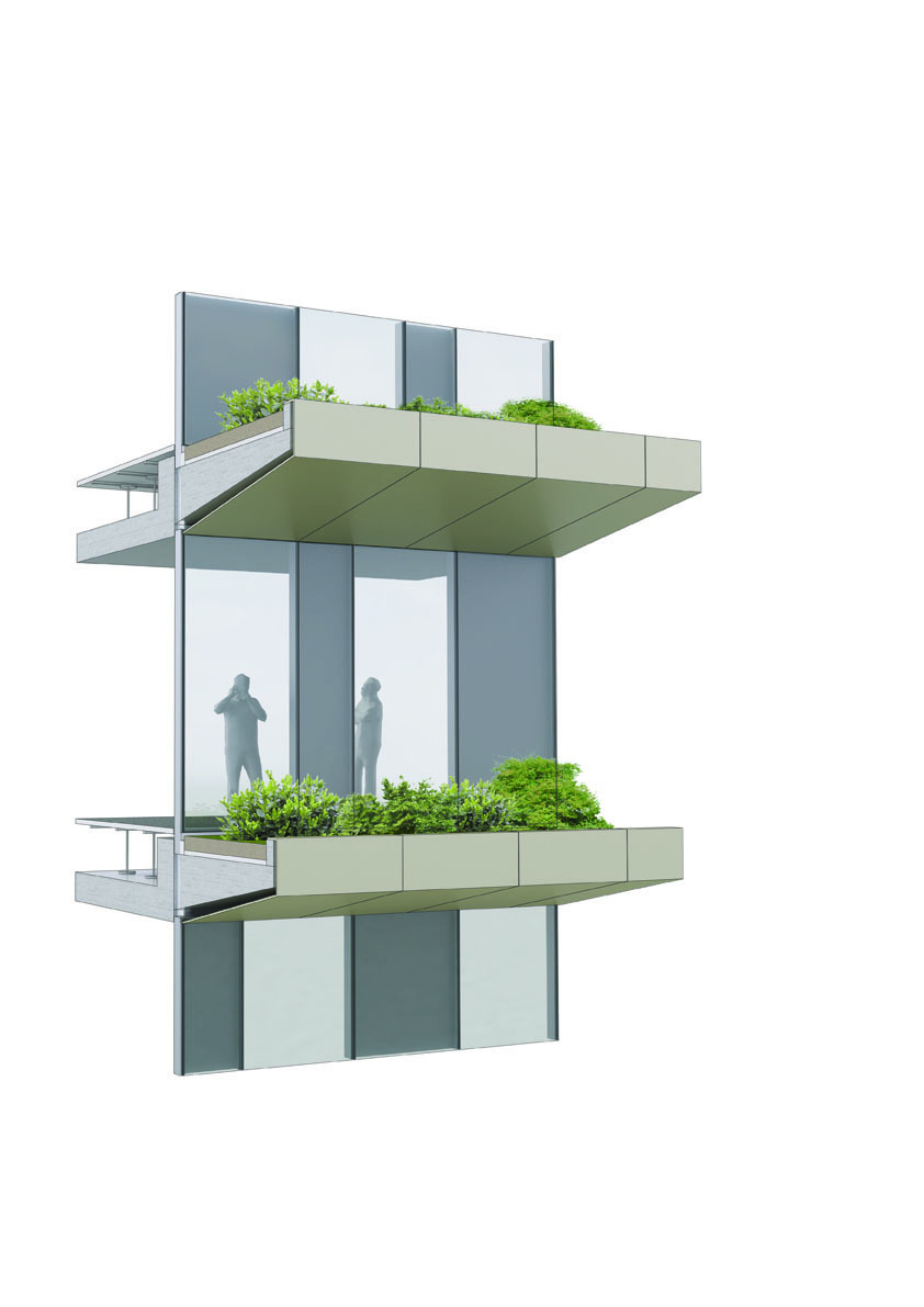 Axonometric detail of a facade module with planted balconies and glazed panels between floors