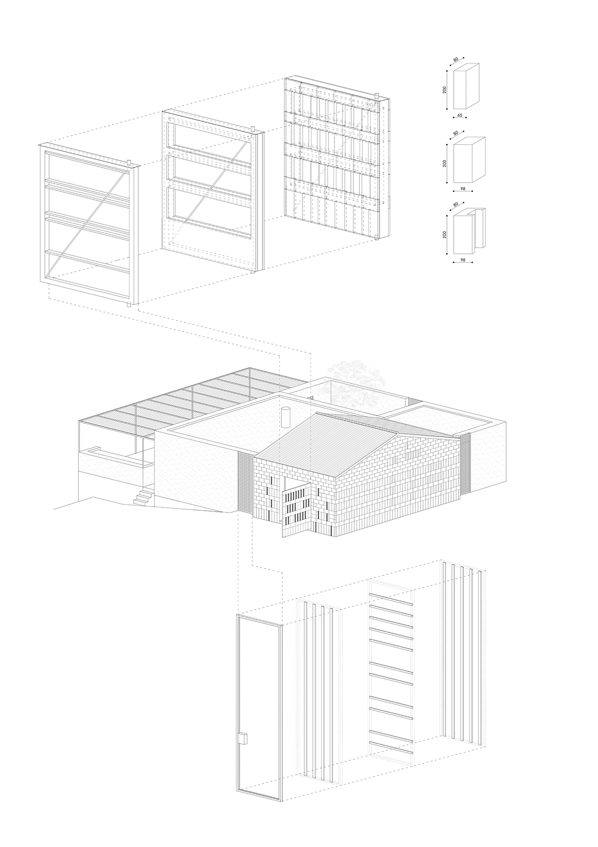 Axonometric drawing showing the facade assembly and spatial organization with louvered panel details