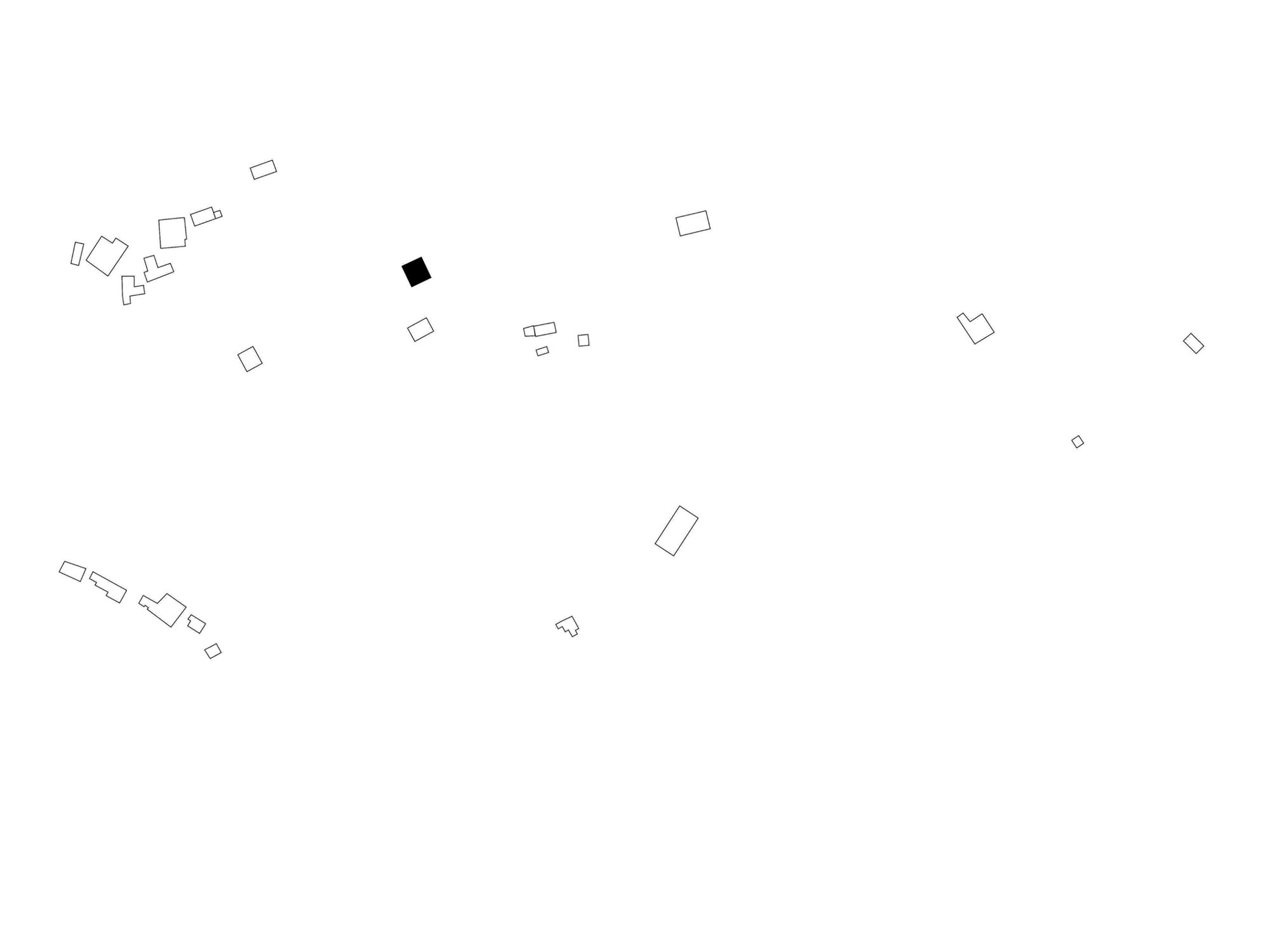 Site plan drawing showing scattered rectangular building footprints across an open field