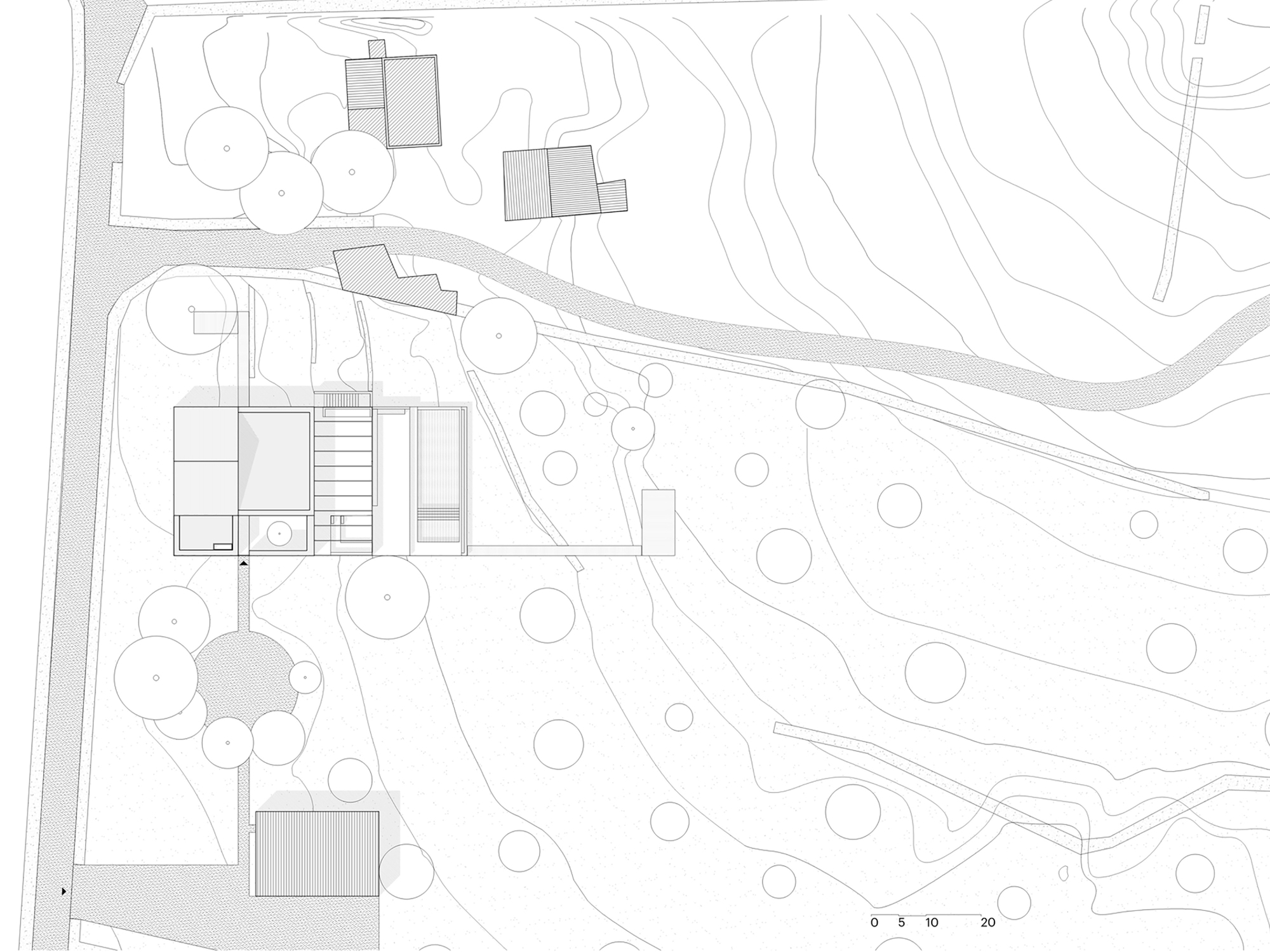Site plan drawing showing rectilinear volumes among circular trees on a sloping topography with contour lines