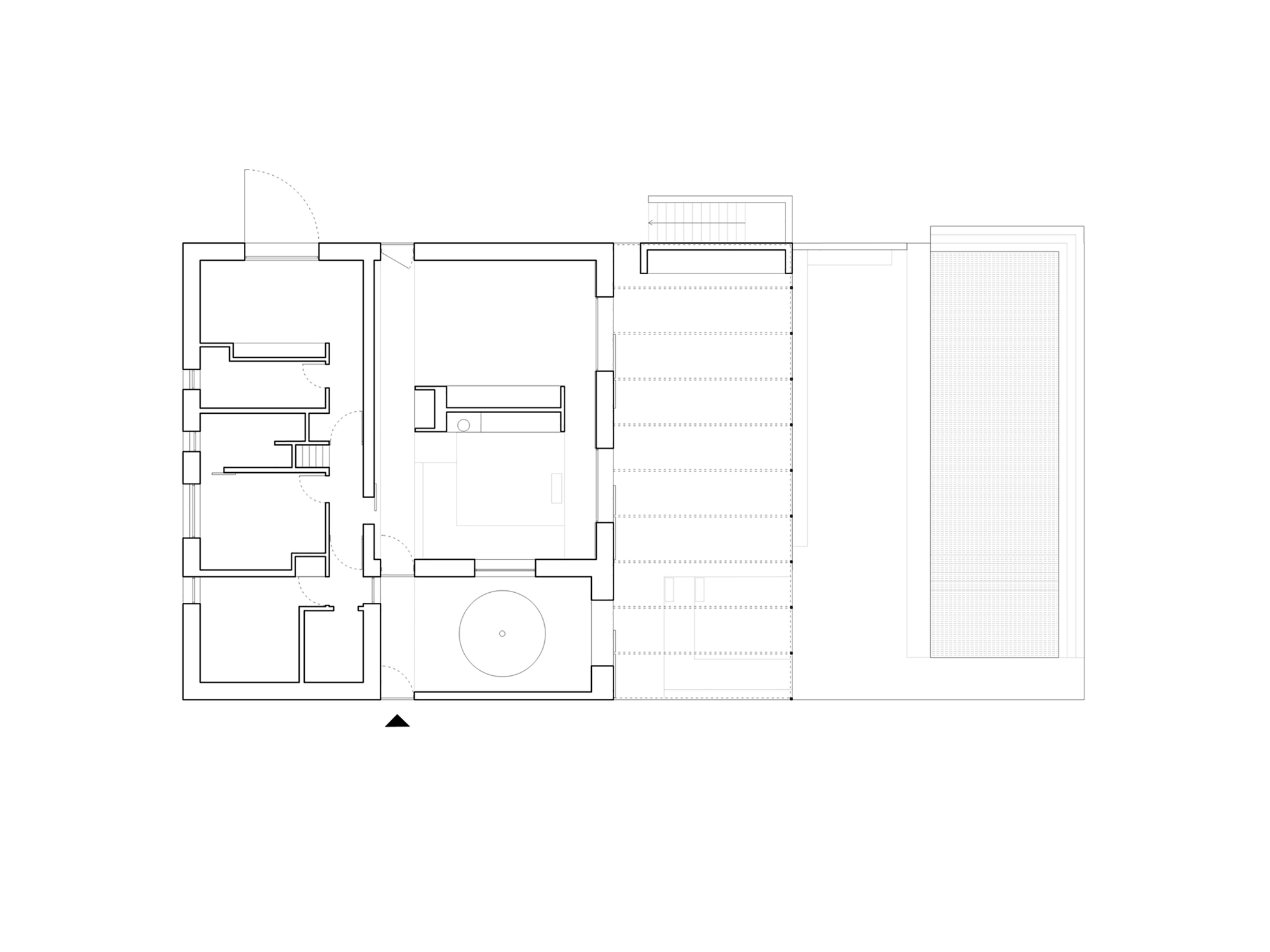 Floor plan drawing showing interior rooms connected to an exterior pool and timber deck