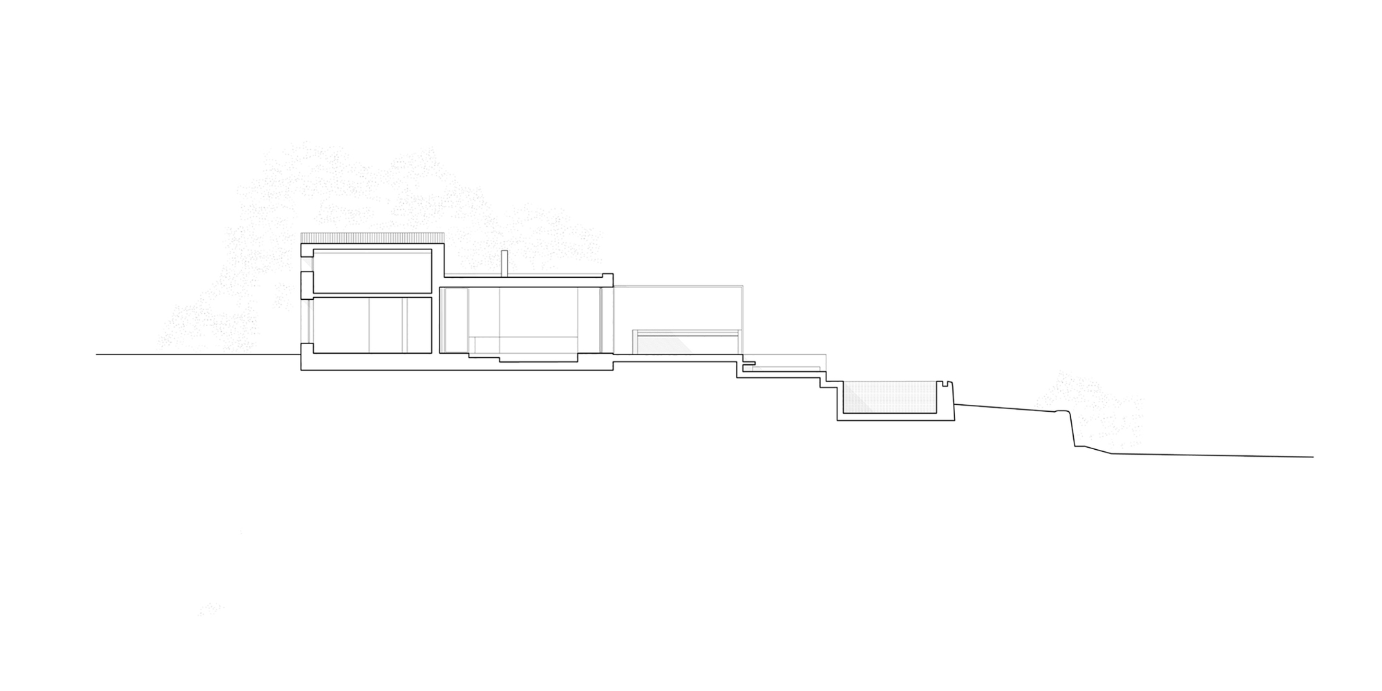 Section drawing showing stepped volumes descending along a hillside slope