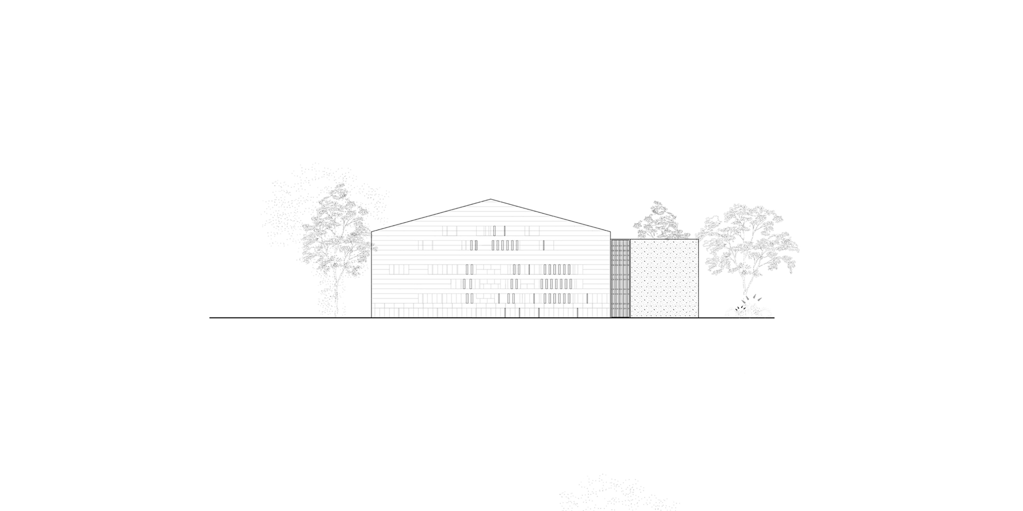 Elevation drawing showing a gabled facade with horizontal cladding flanked by trees