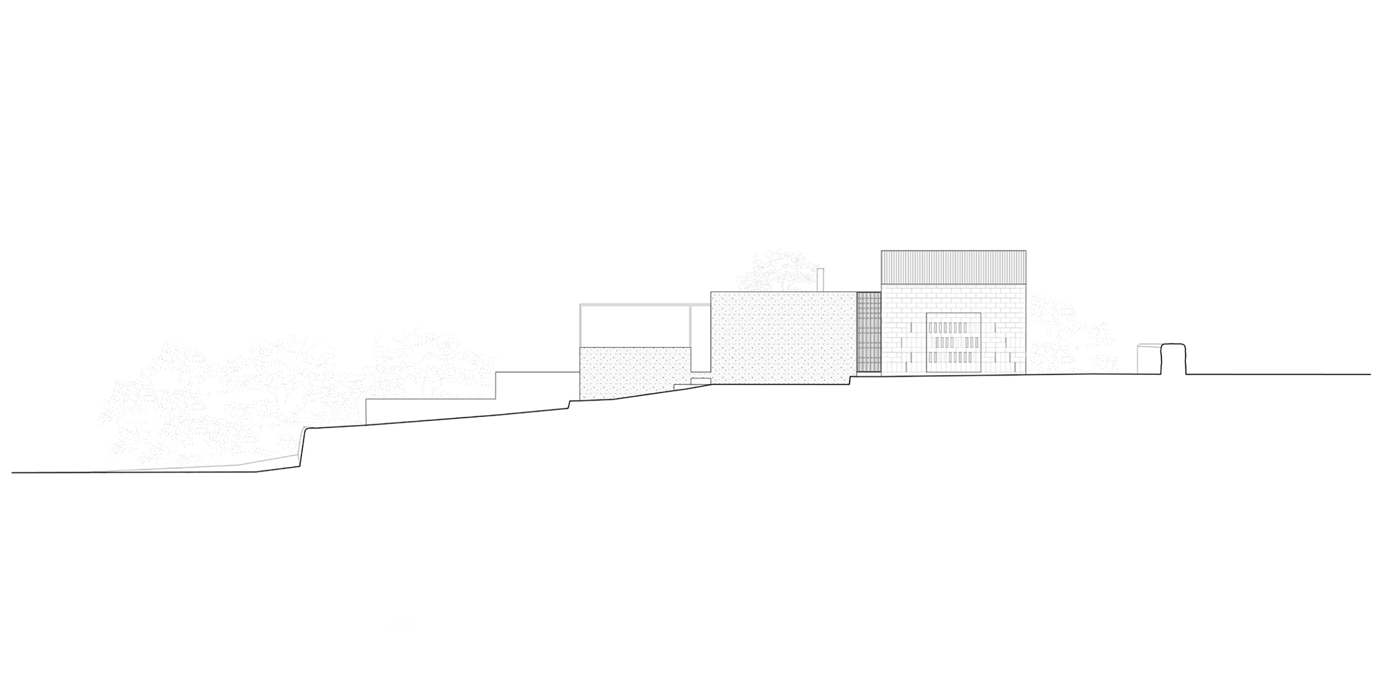 Section drawing depicting staggered volumes stepping down a sloped terrain