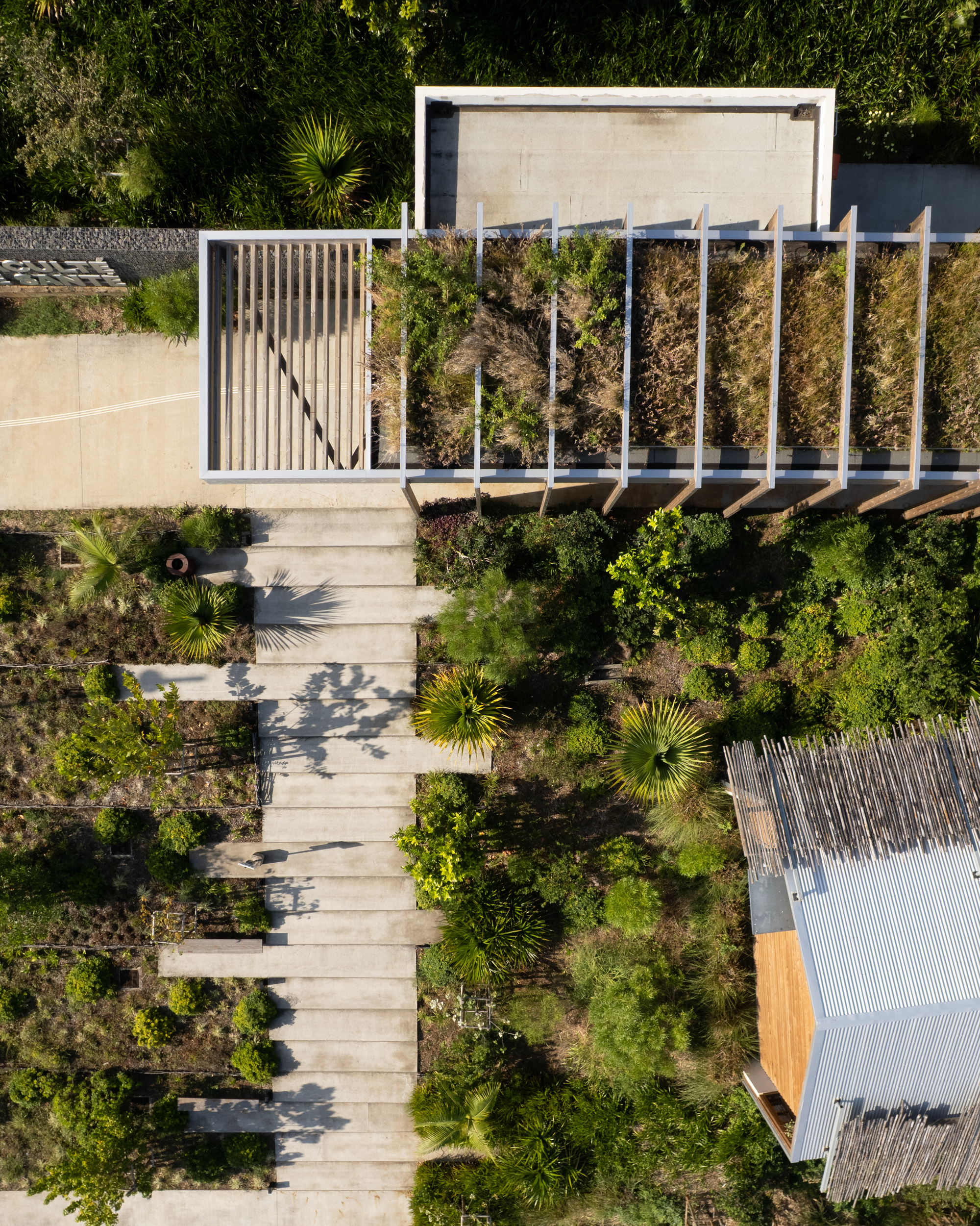 Aerial view of pergola structure with planted landscape beds and concrete pathways in bright daylight