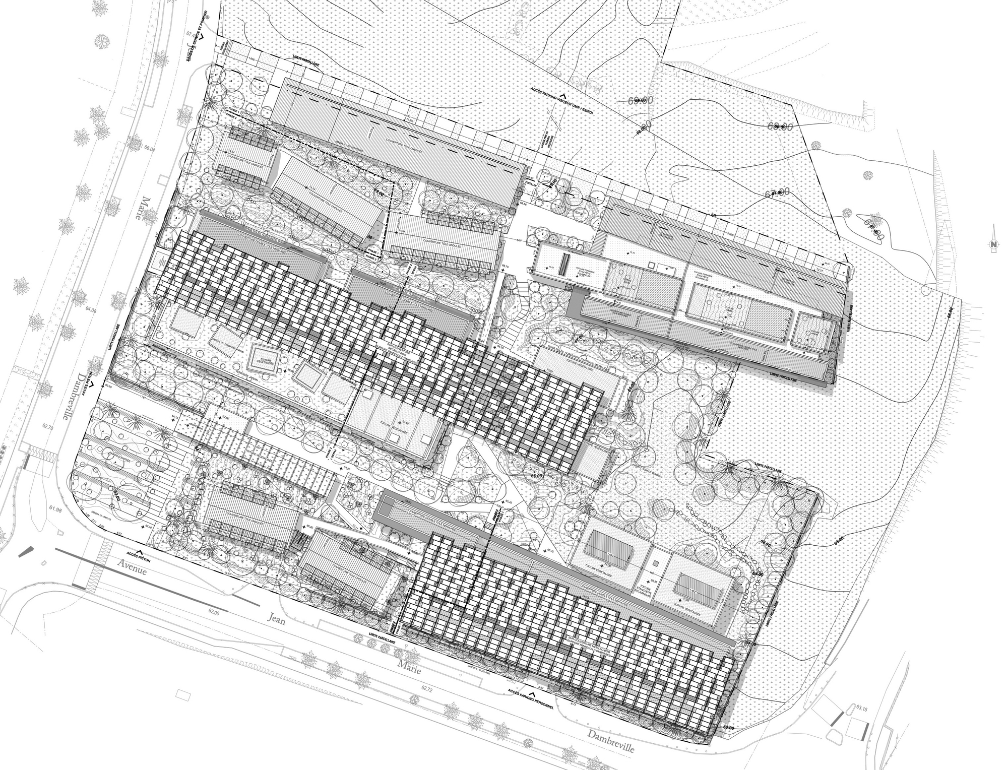 Site plan drawing showing linear building bars with central parking grid and perimeter landscaping